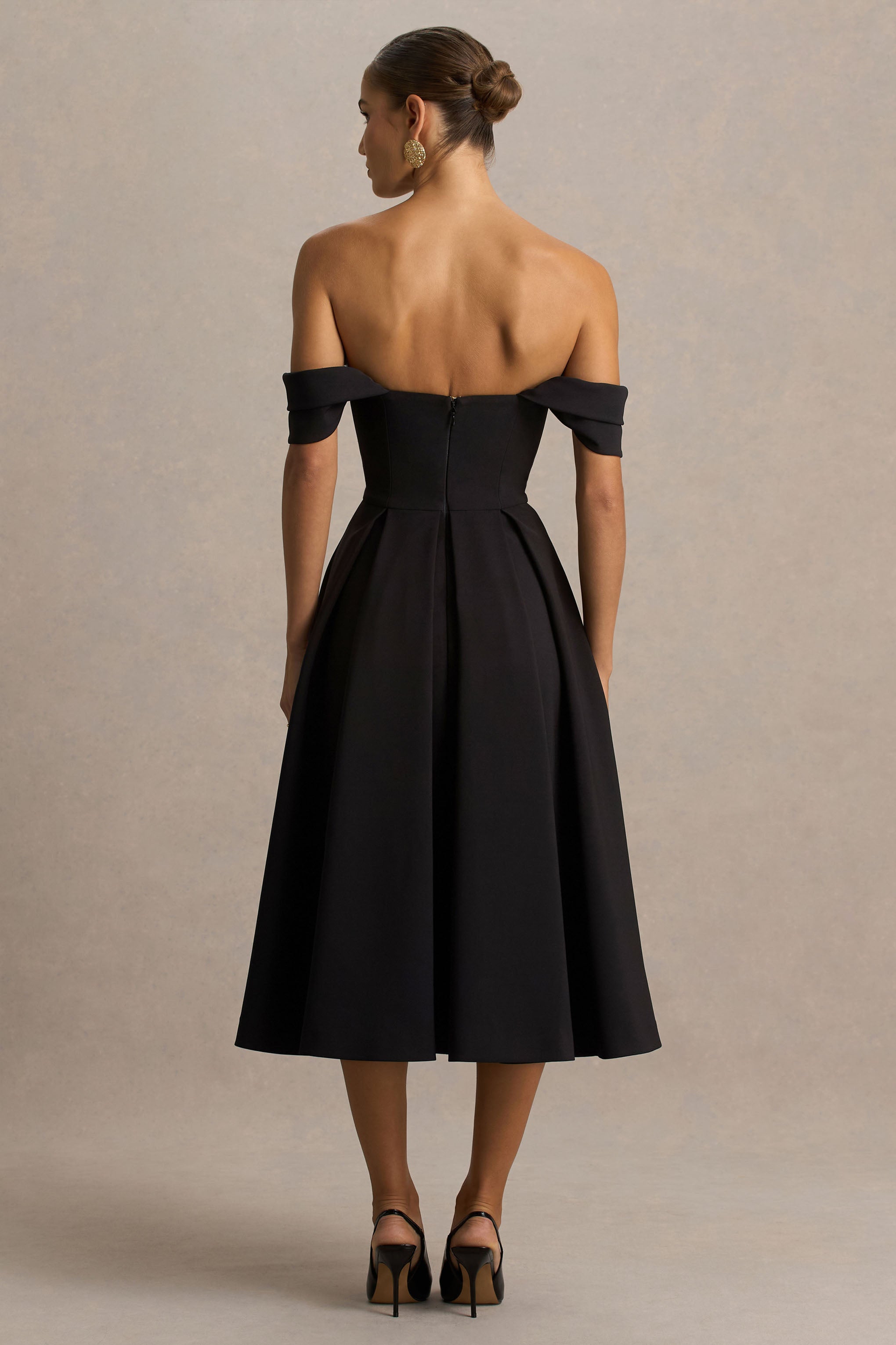 Cosima | Black Bardot-Neck Midi Dress-Sowoom