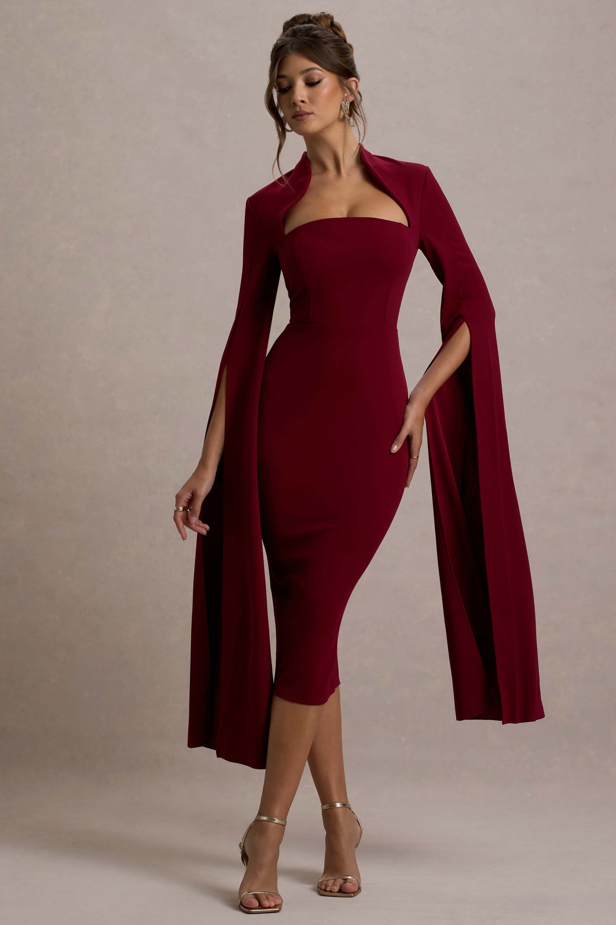 Linden | Berry Bodycon Cape-Sleeve Midi Dress-Sowoom