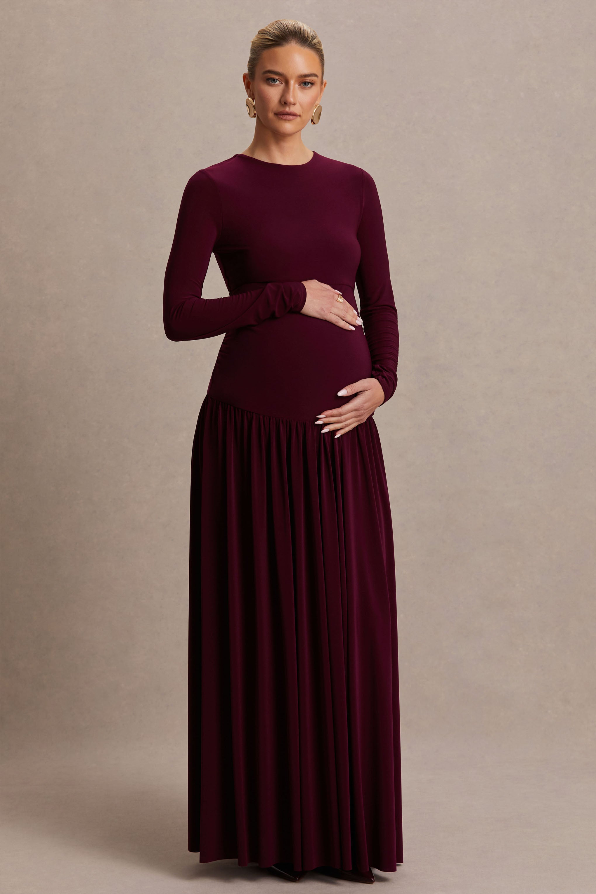 Monroe | Burgundy Crew-Neck Maternity Maxi Dress With Drop-Waist-Sowoom