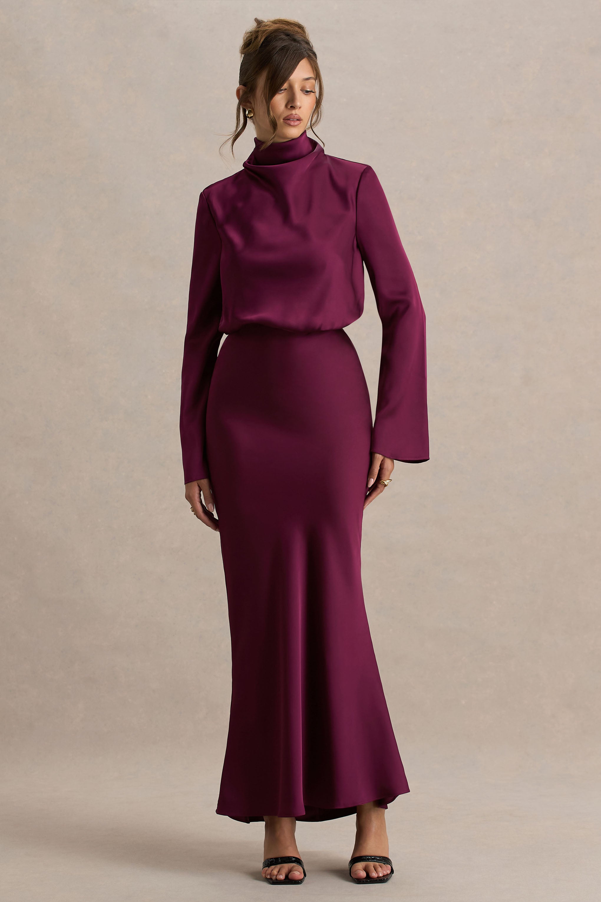 Celina | Burgundy Satin High-Neck Maxi Dress-Sowoom
