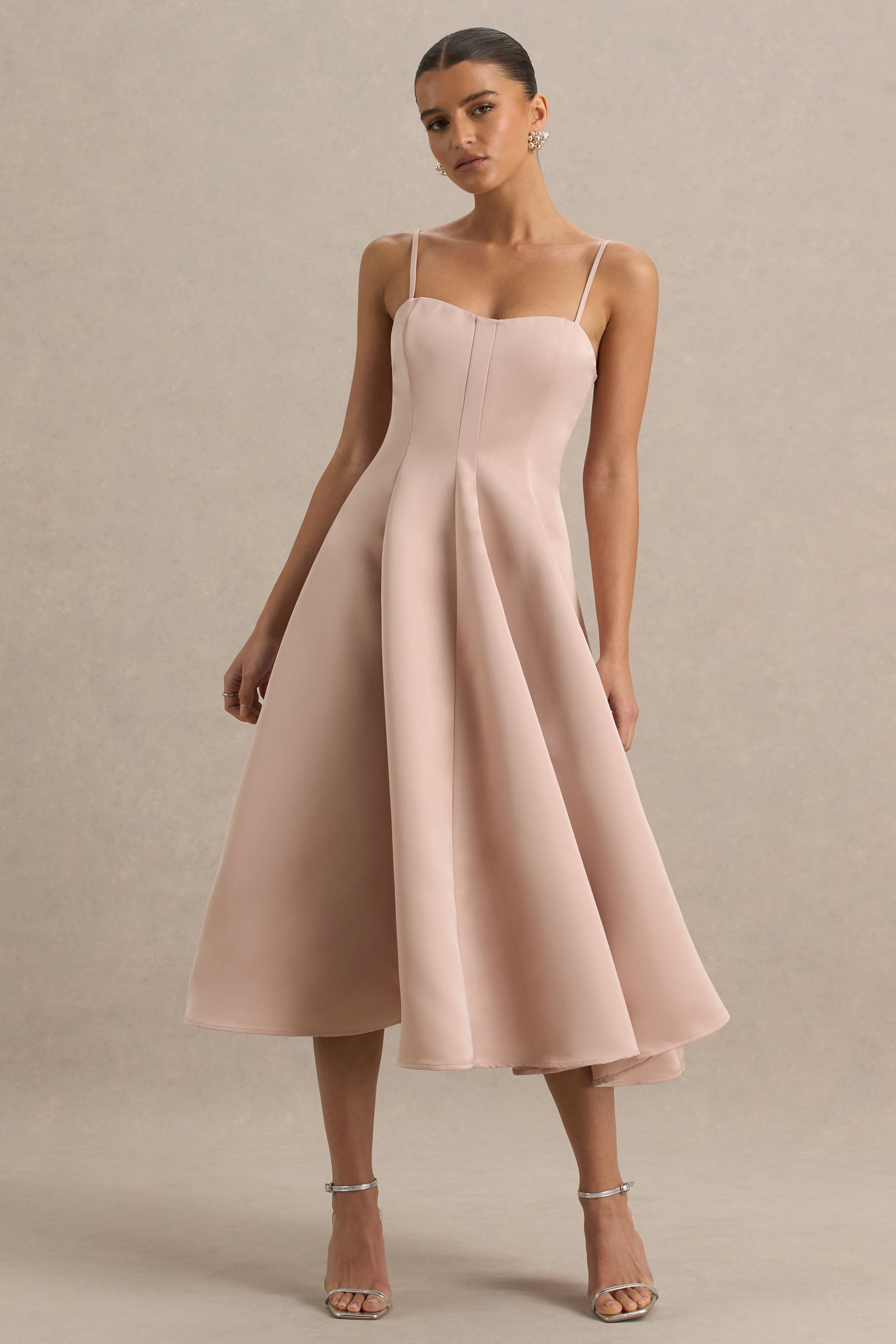 Mally | Rose Pink Satin Sweetheart A-Line Midi Dress-Sowoom