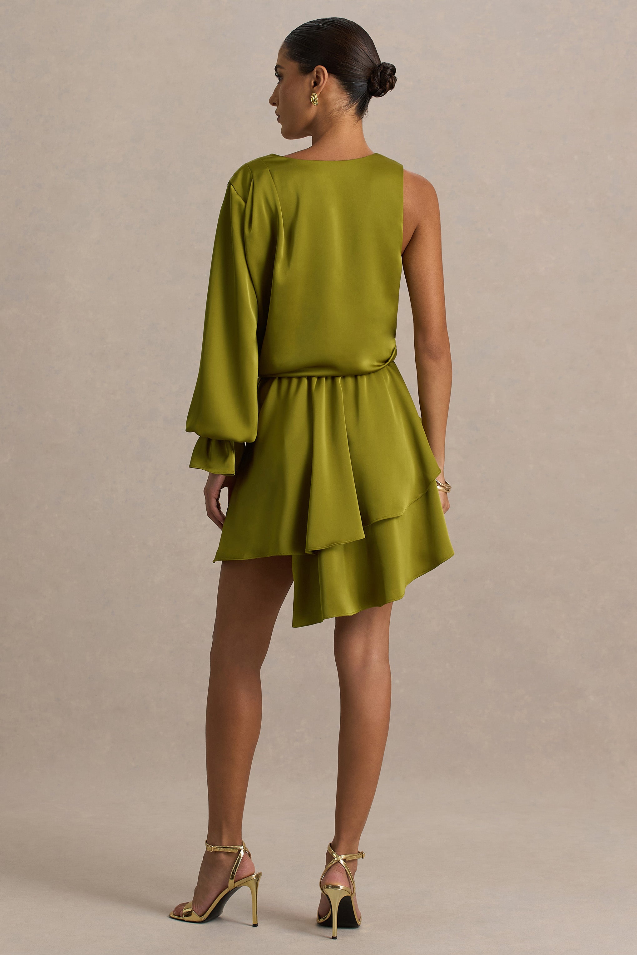 Cara | Olive Satin Plunge-Neck Micro-Mini Dress With Long Sleeve-Sowoom