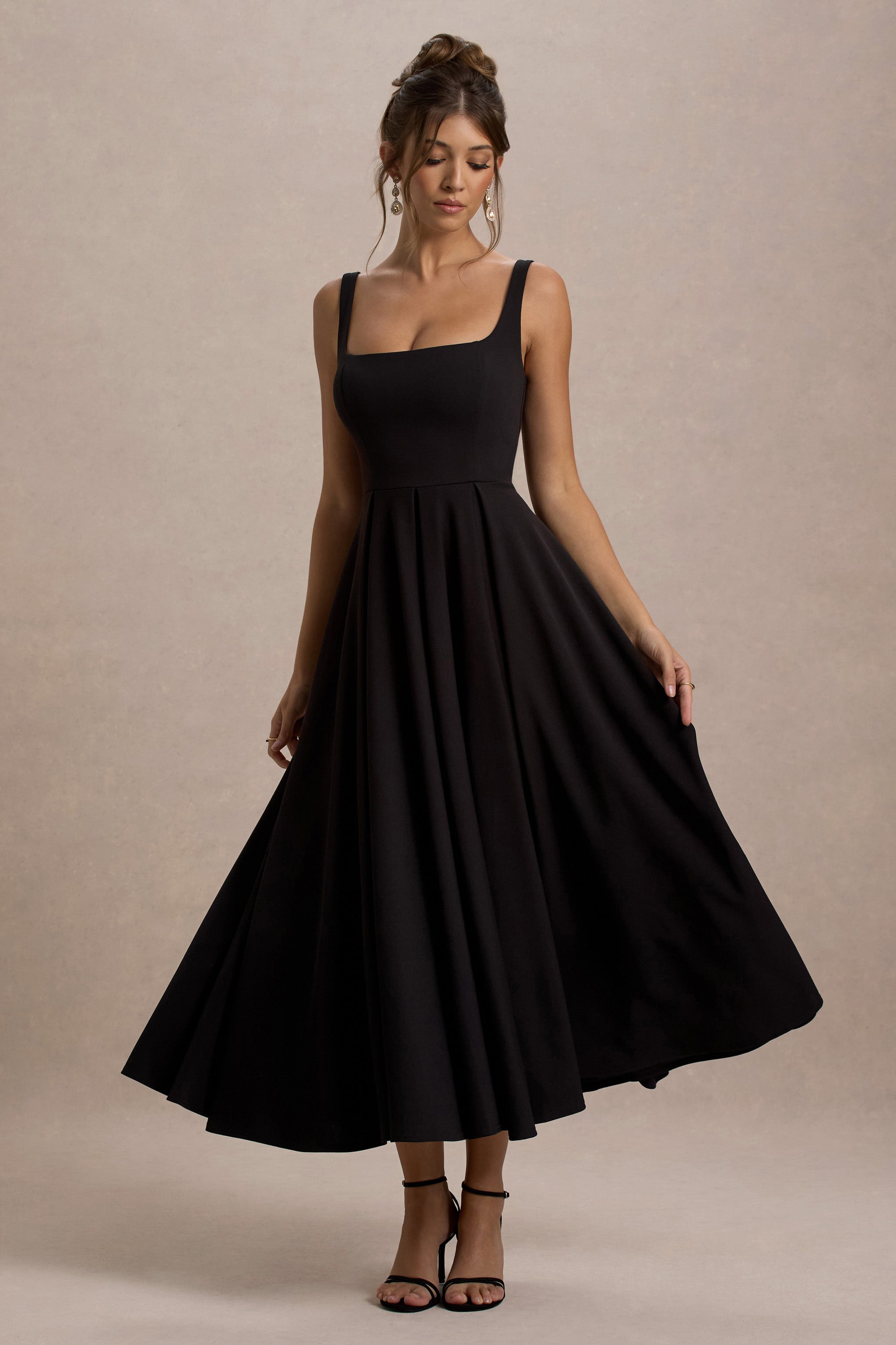 Parina | Black Strappy Volume-Hem Midi Dress-Sowoom