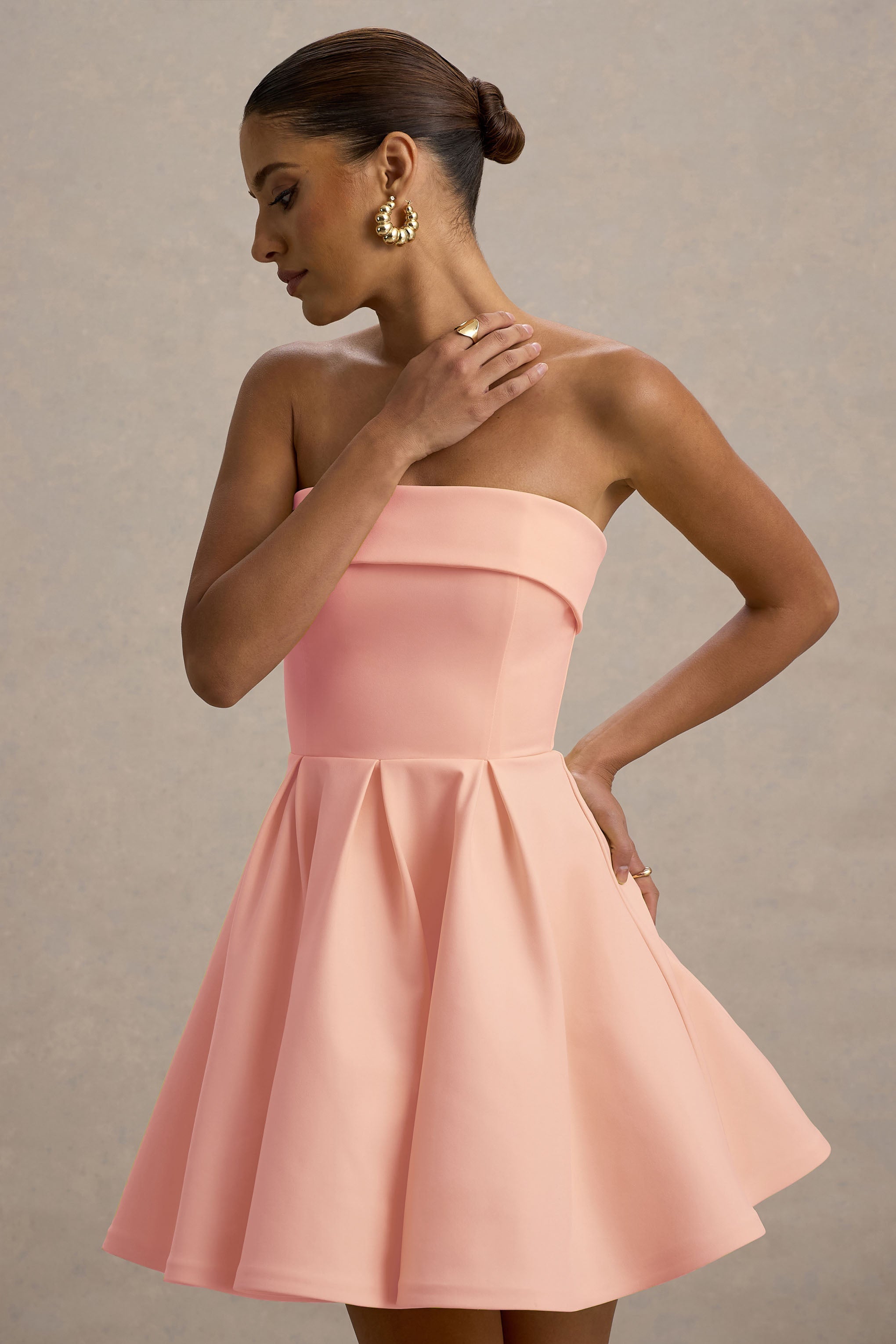 Bruna | Light Pink Bandeau Skater Mini Dress-Sowoom