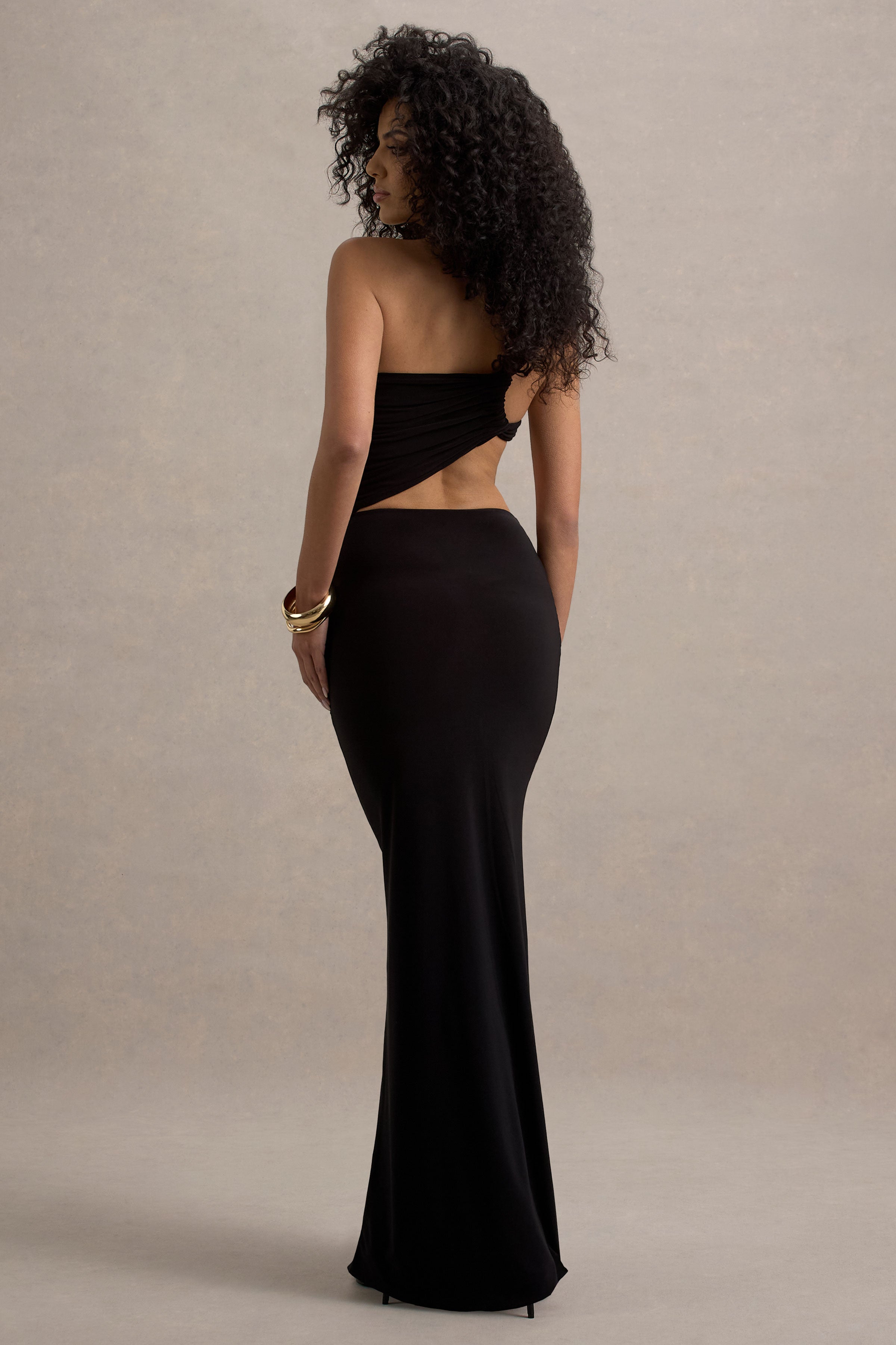 Giovanna | Black Asymmetric Maxi Dress With Wrap Skirt-Sowoom