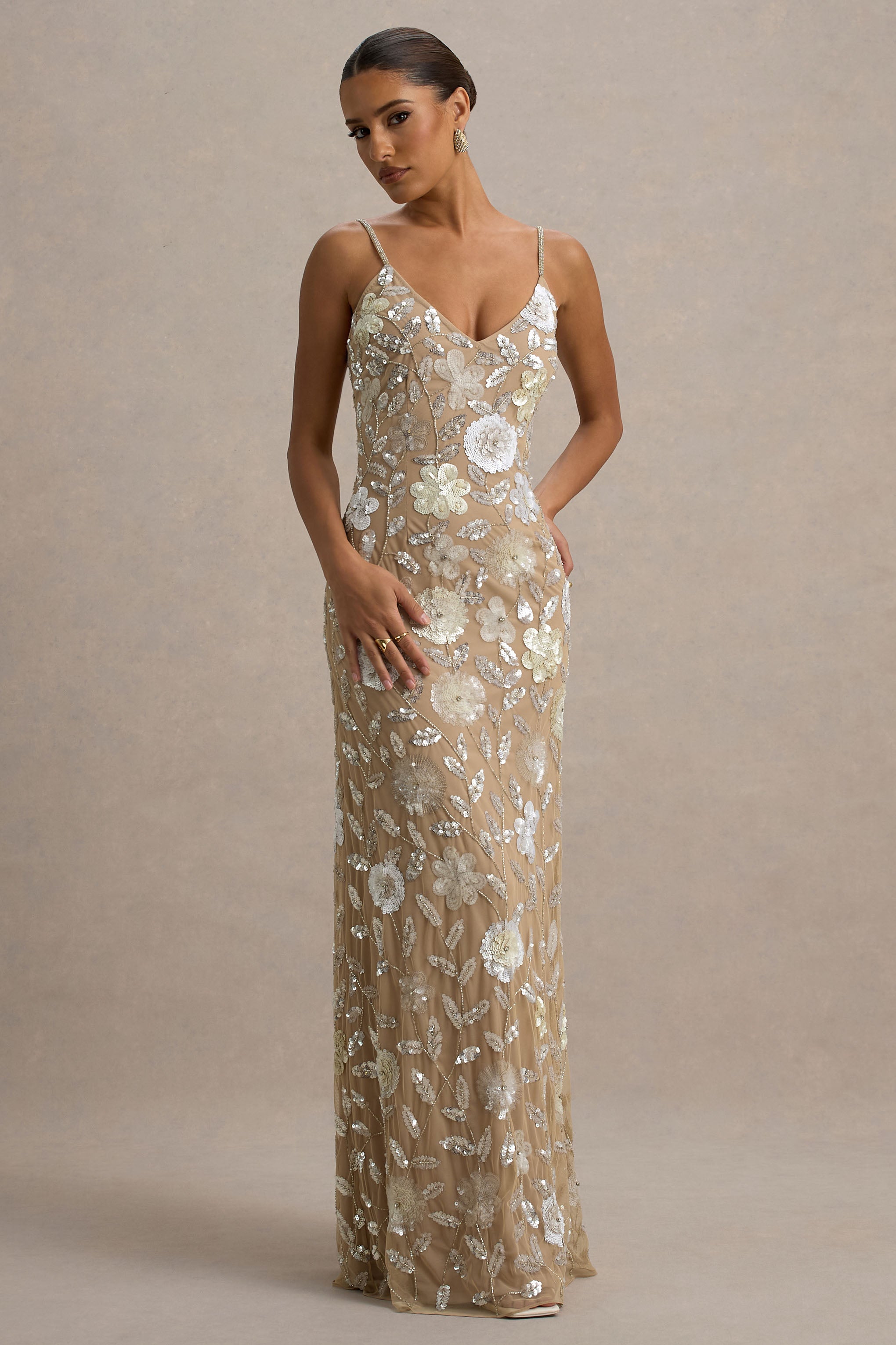 Gemini | Floral Sequin Hand-Embellished Strappy Maxi Dress-Sowoom