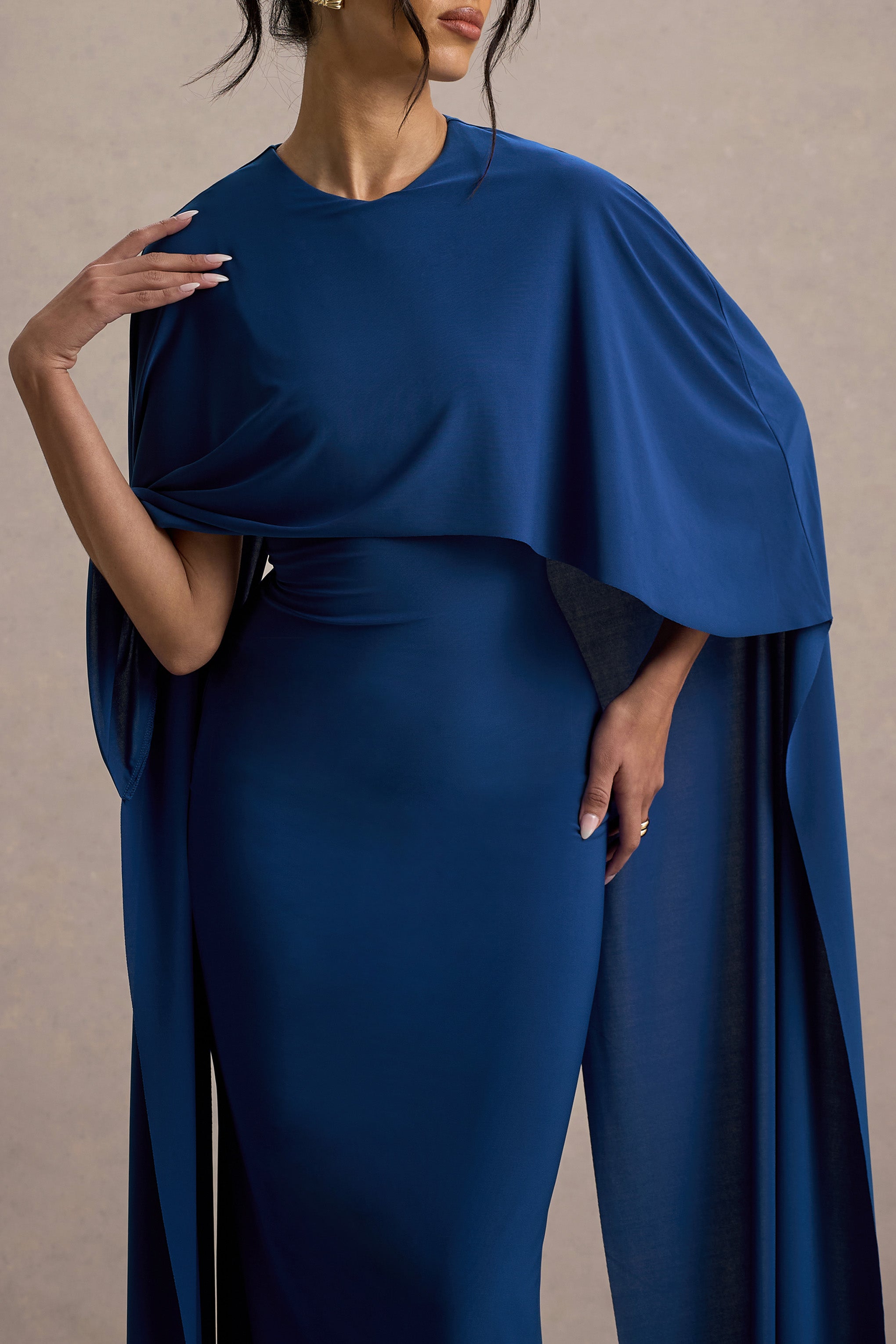 Padma | Blue Draped Maxi Dress With Cape Sleeves-Sowoom