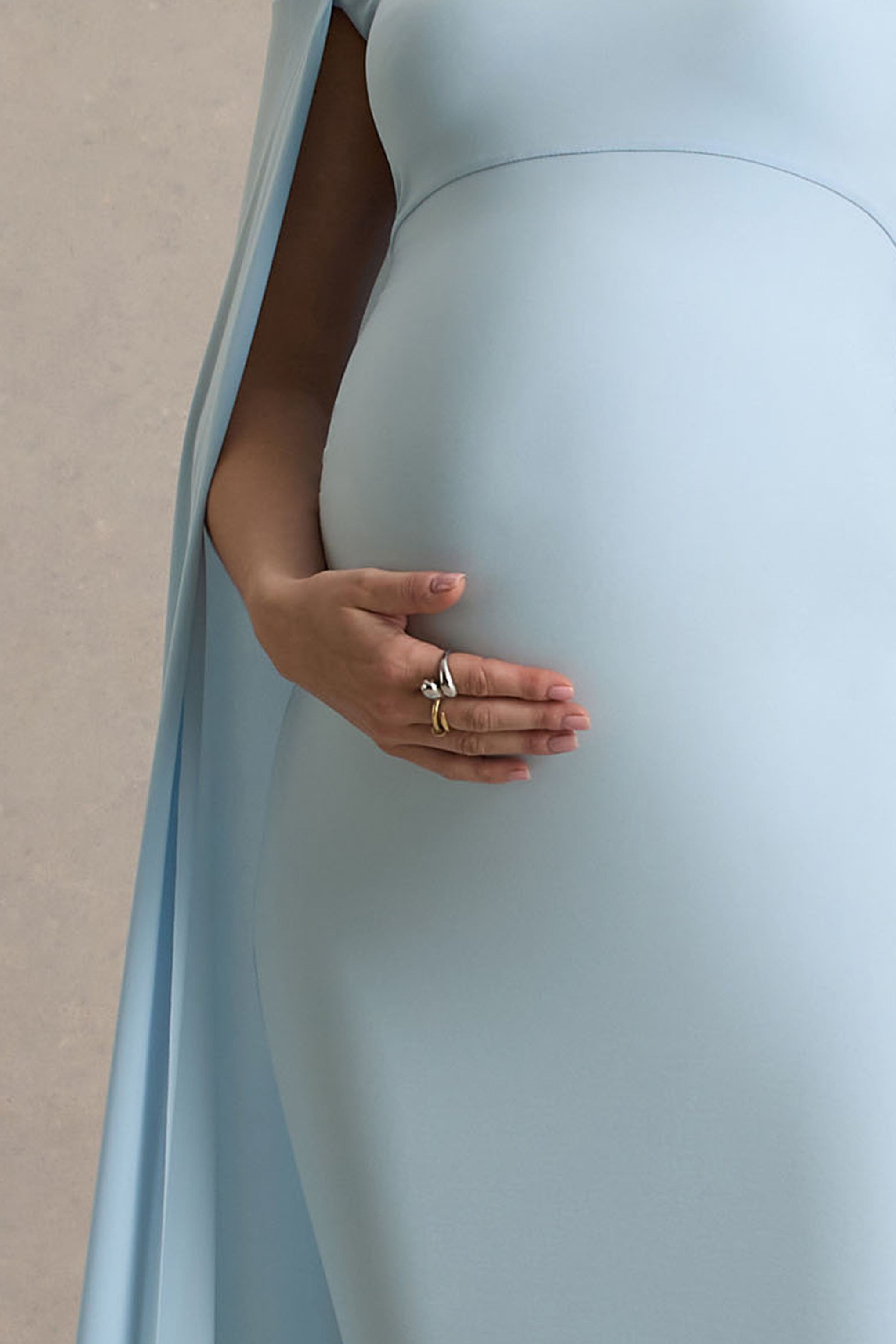 Radiance | Powder Blue Bardot Maternity Maxi Dress With Cape-Sowoom
