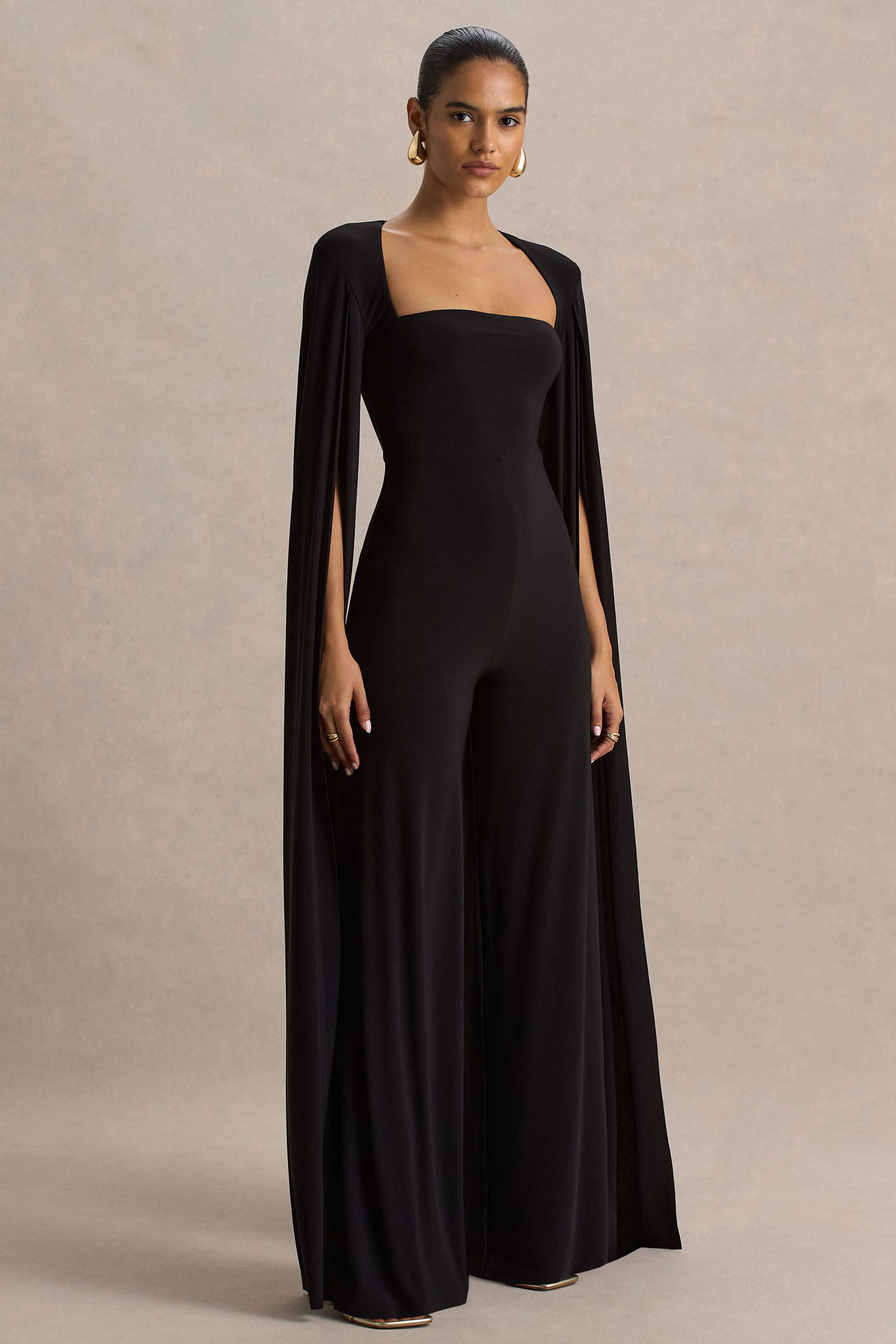 Zara | Black Square-Neck Jumpsuit With Cape Sleeves-Sowoom