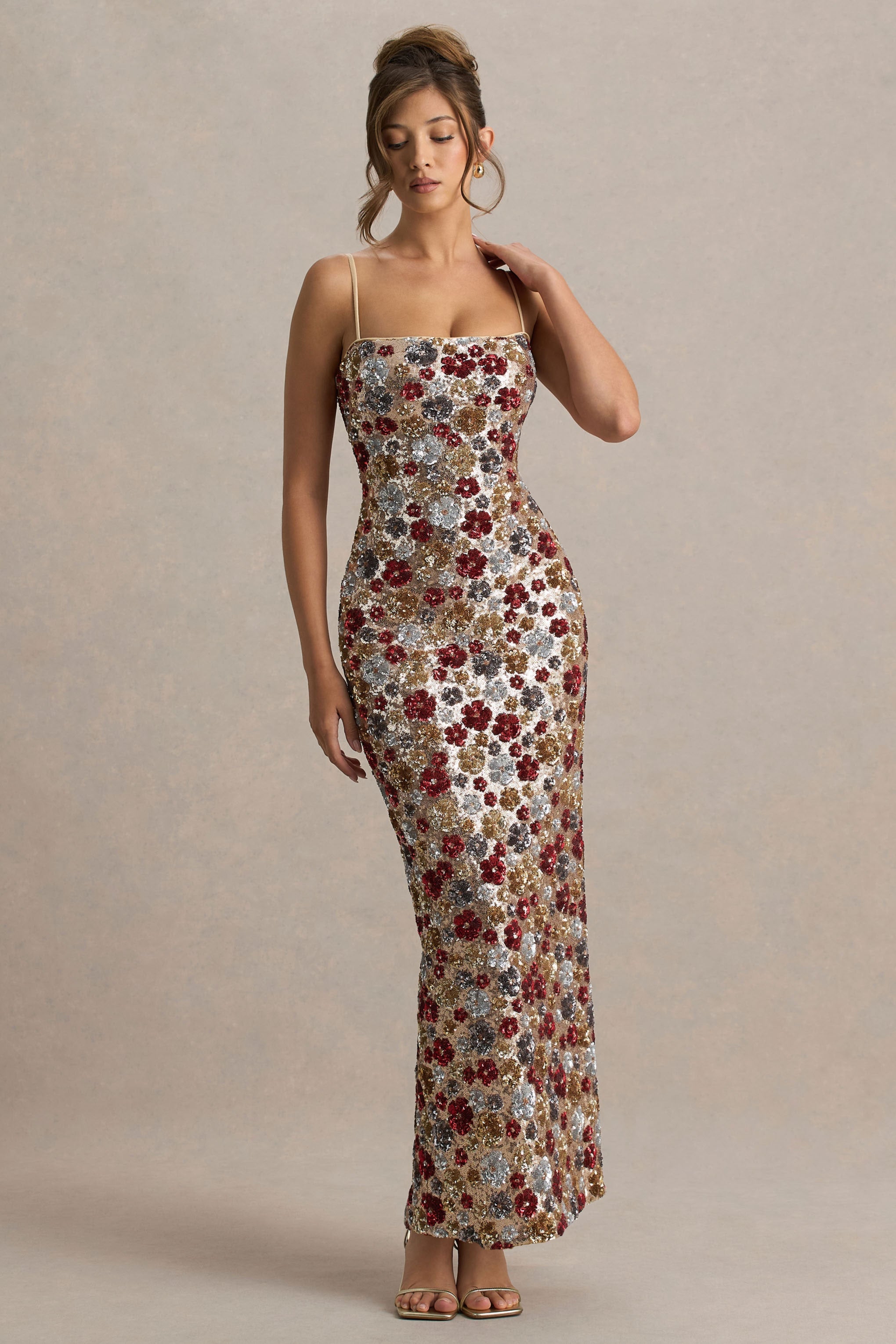 Vitora | Red Floral Embellished Sequin Square-Neck Maxi Dress-Sowoom