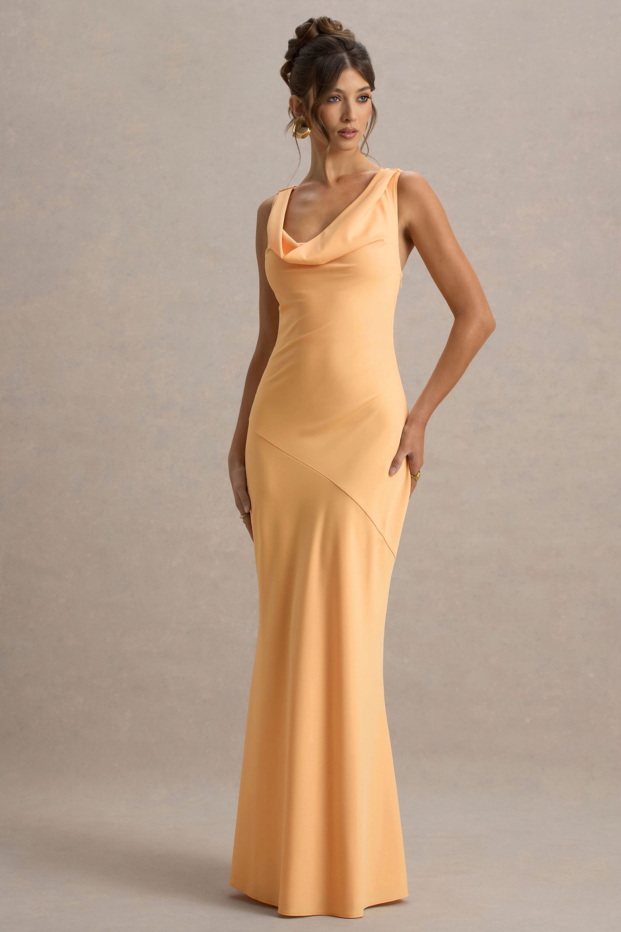 Alesso | Peach Satin Cowl-Neck Slip-Maxi Dress-Sowoom