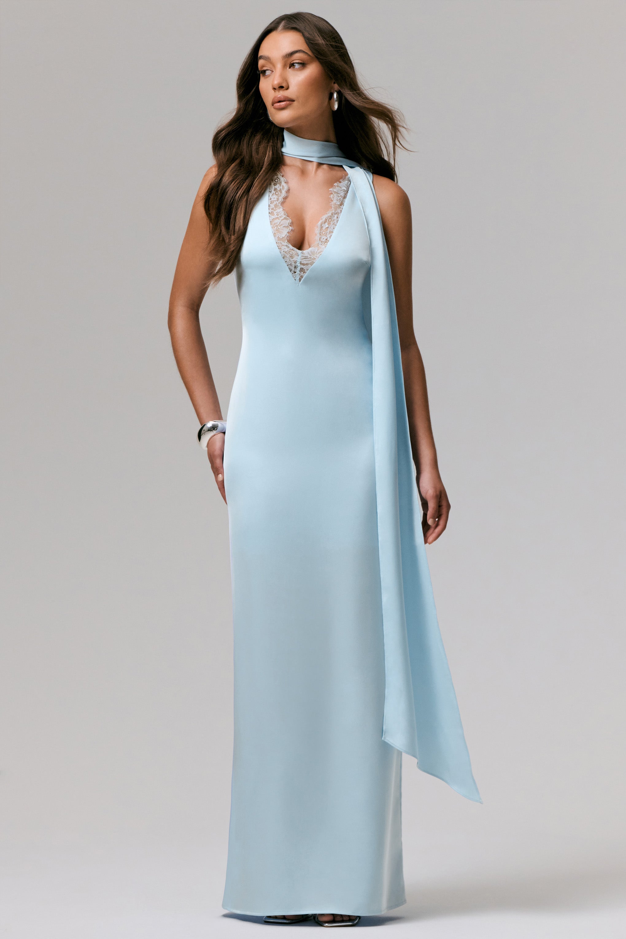 True Icon | Powder Blue Satin V-Neck Maxi Slip Dress With Sash-Sowoom