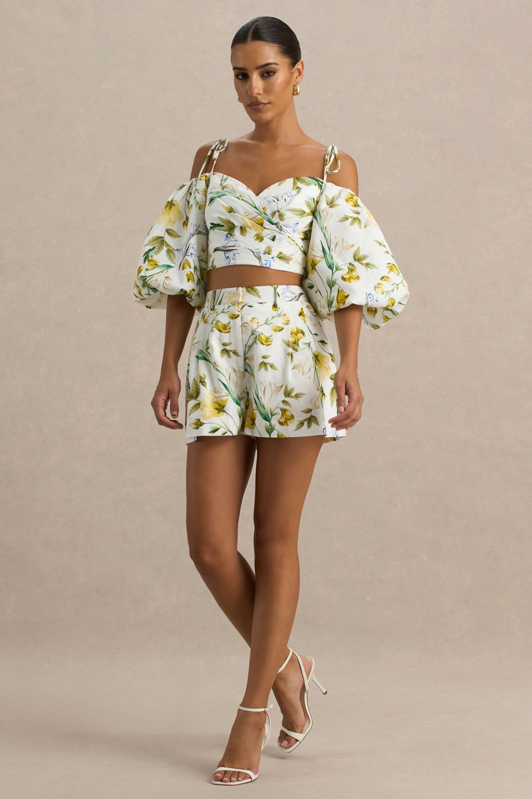 Pixel | White Botanical Print Shorts-Sowoom