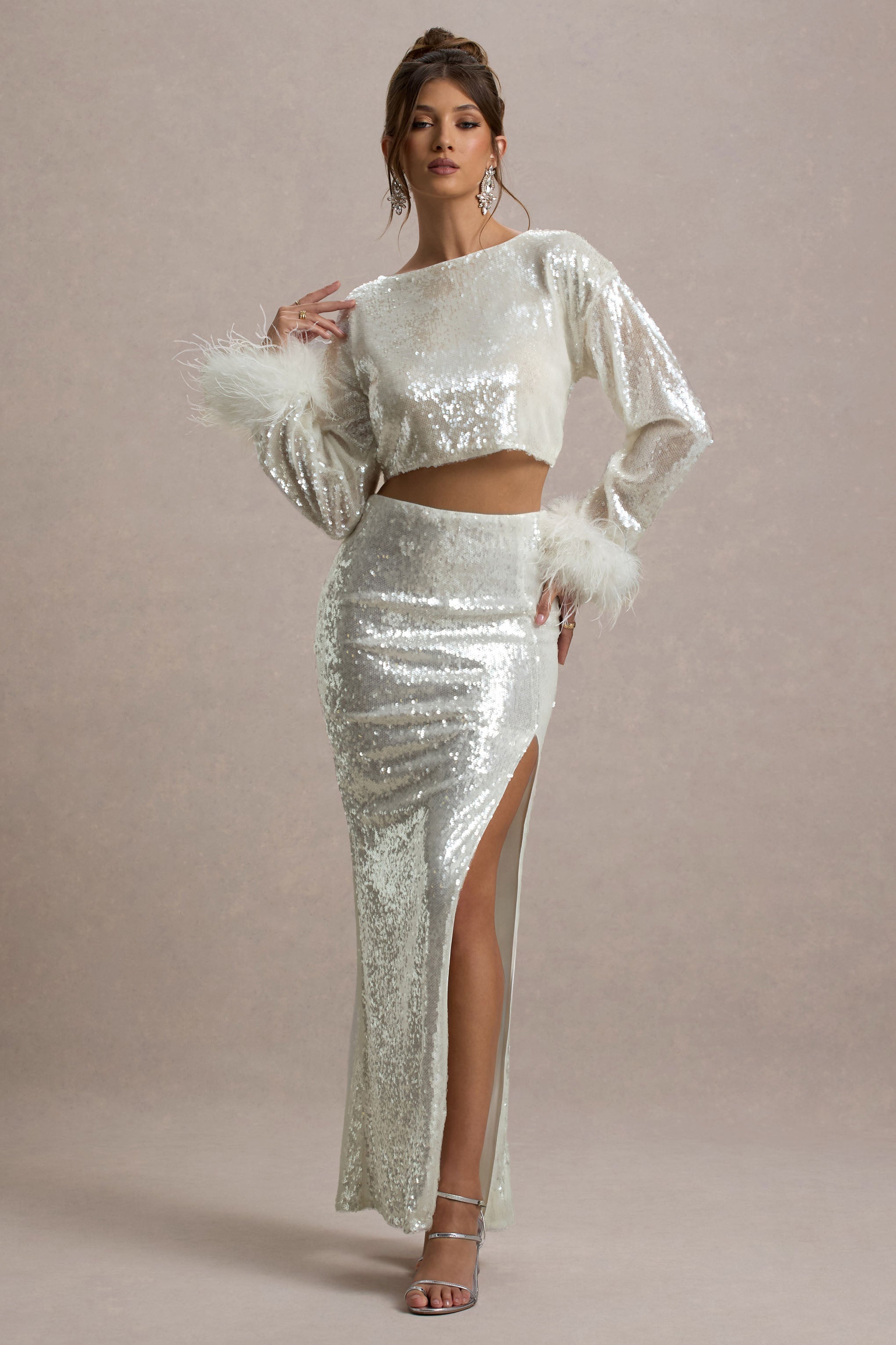 Solita | Sand Sequin Long-Sleeve Crop Top With Feather Trim-Sowoom