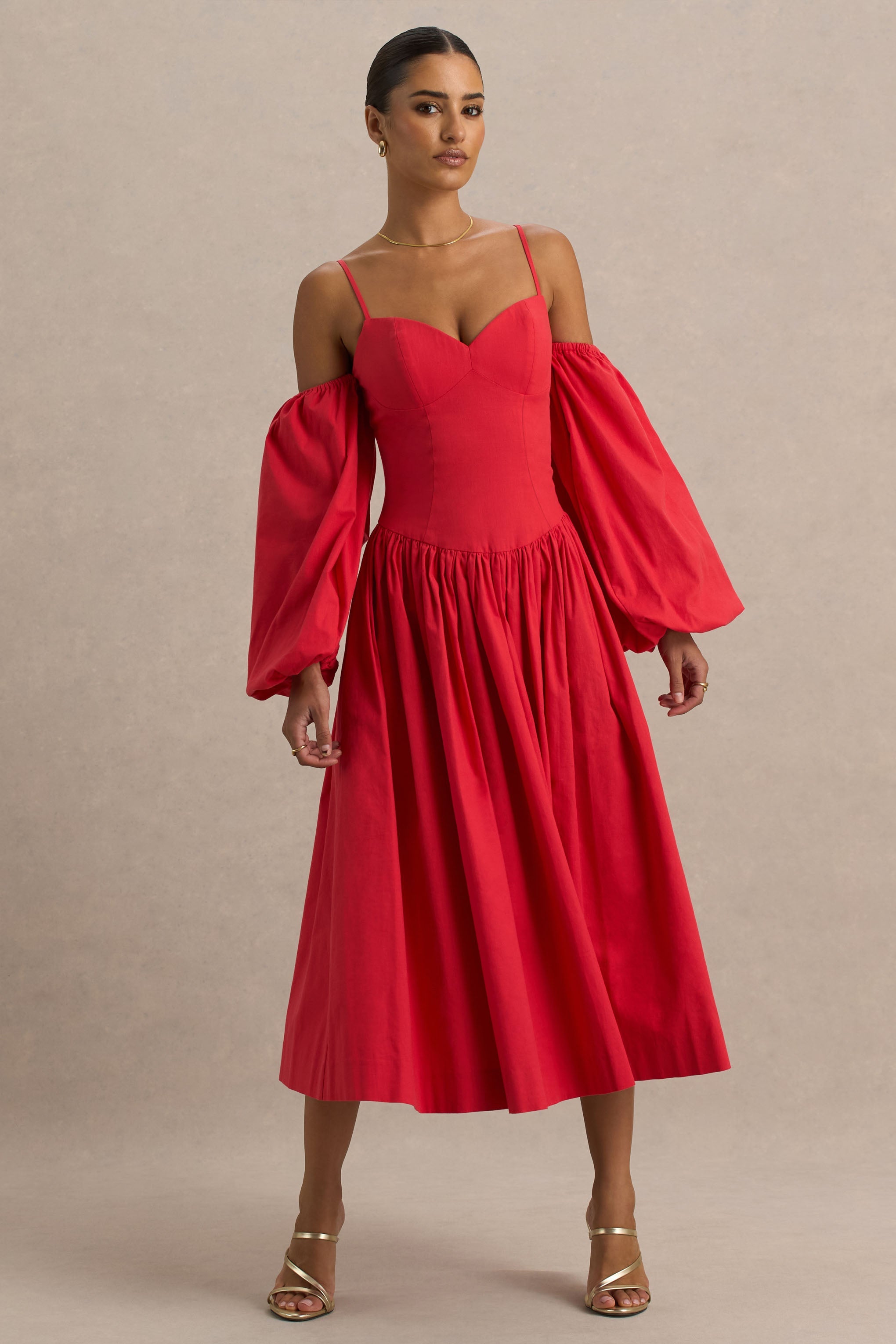 Macie | Red Sweetheart Midi Dress With Balloon Sleeves-Sowoom