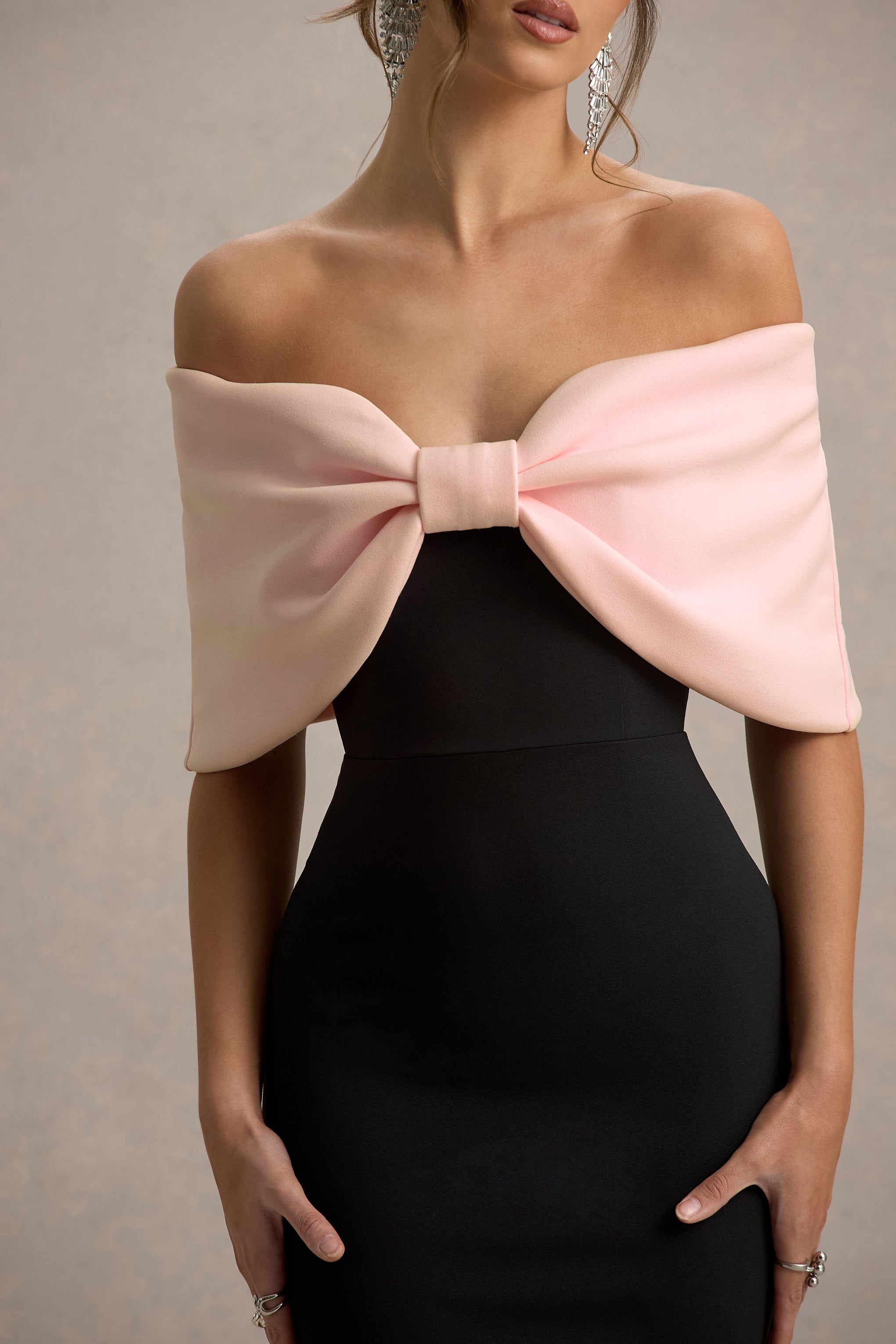 Cornelia | Pink & Black Strapless Maxi Dress With Oversized Bow-Sowoom