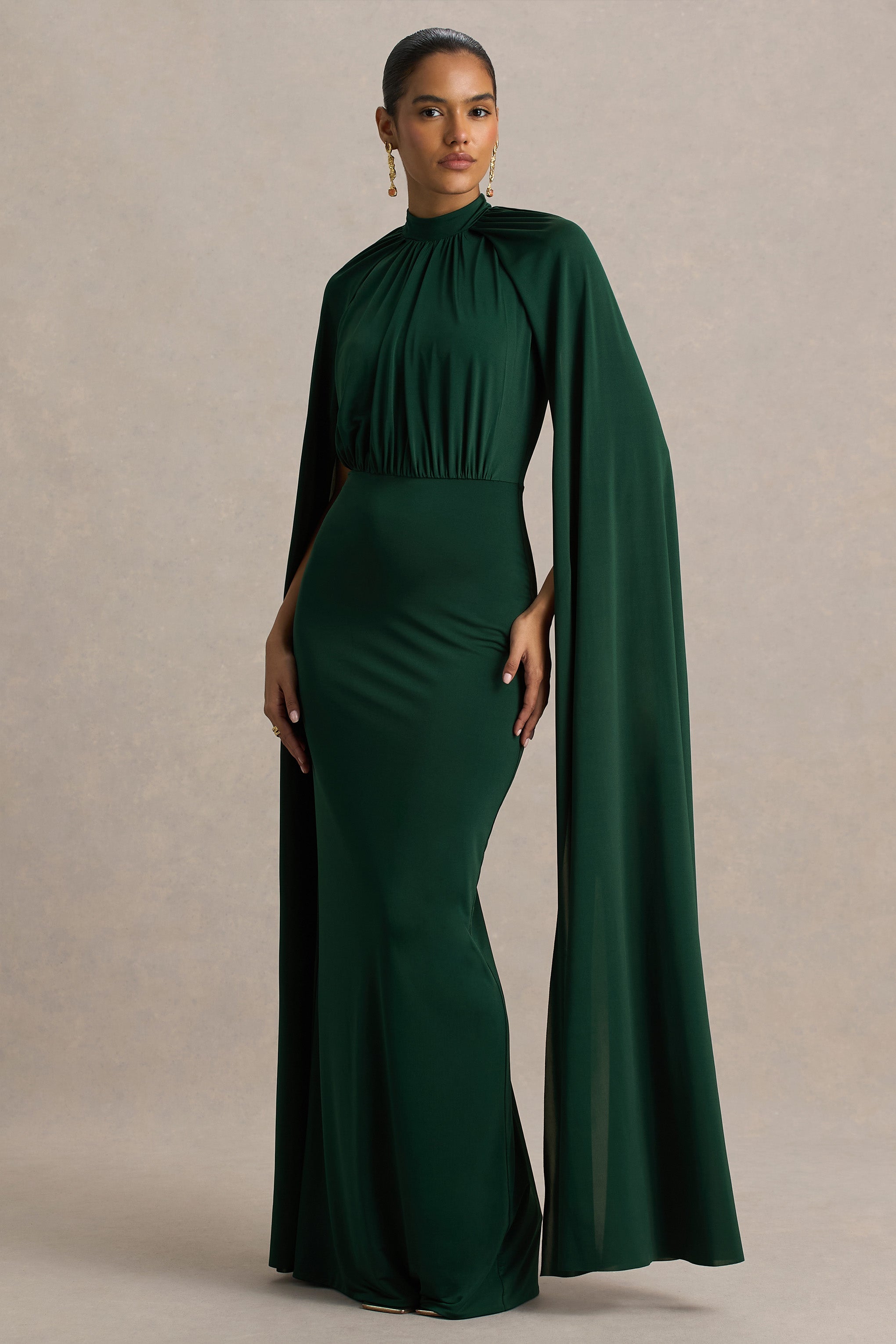Darielle | Bottle Green High-Neck Cape-Sleeve Maxi Dress-Sowoom