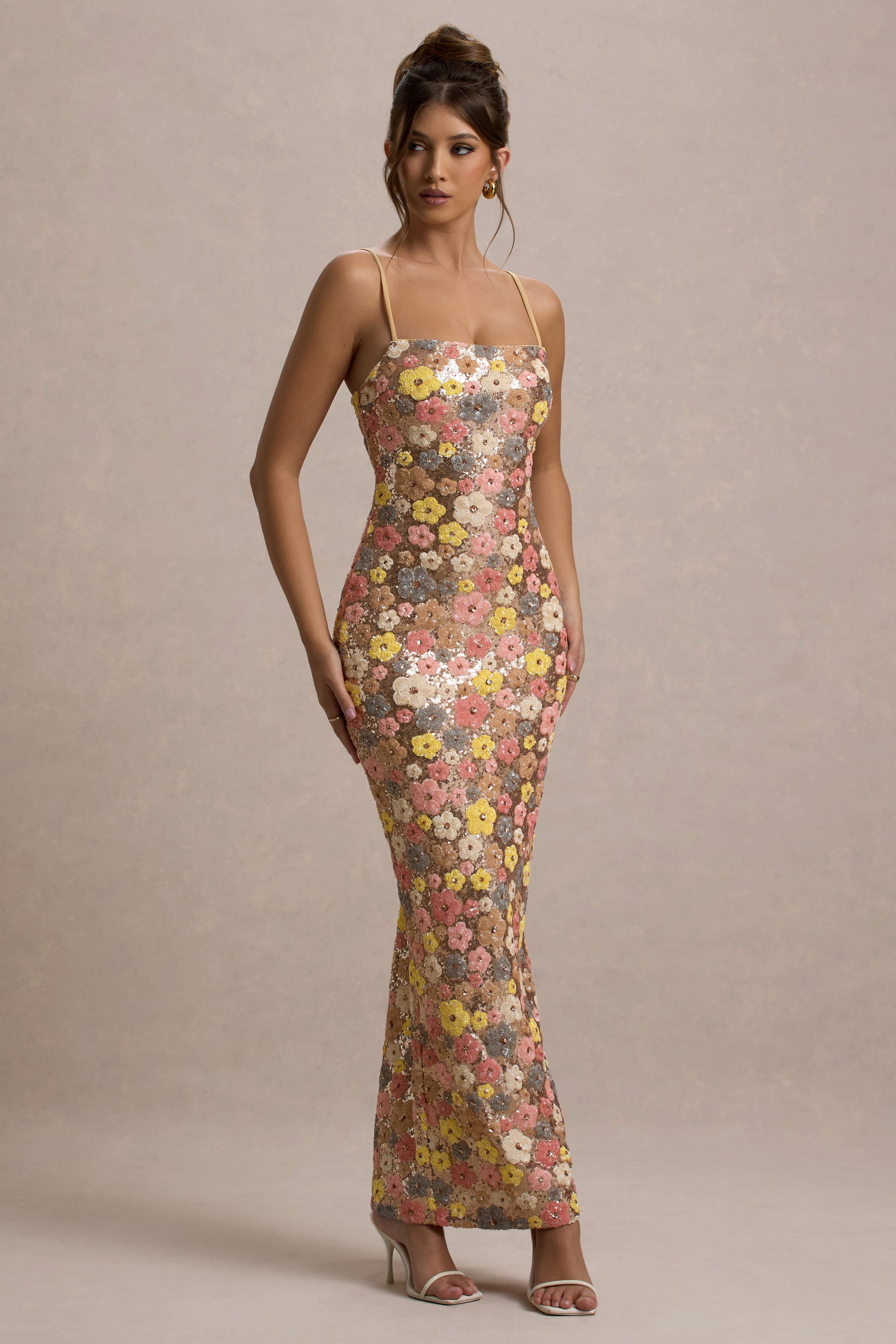 Vitora | Pastel Floral Print Embellished Sequin Square-Neck Maxi Dress-Sowoom