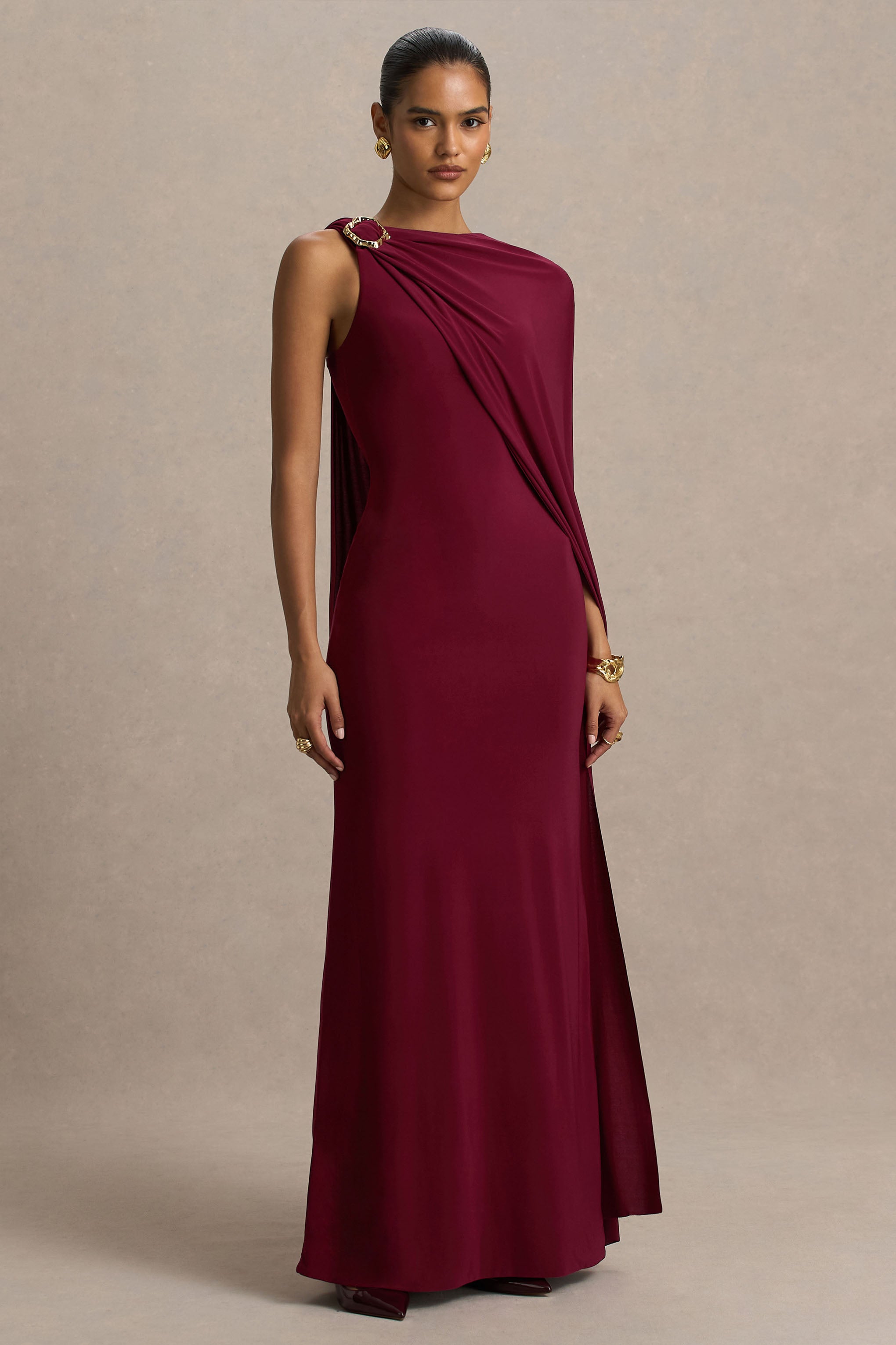 Cressida | Burgundy Asymmetric-Neck Maxi Dress With Cape And Gold Detail-Sowoom