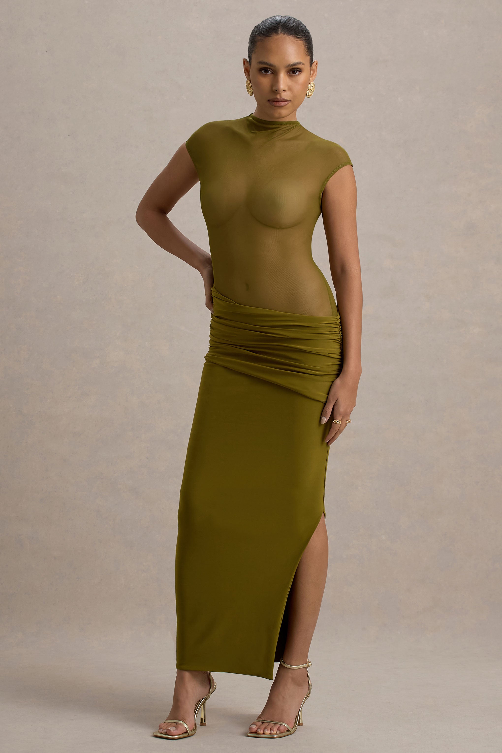 Asia | Green Sheer Short-Sleeve Draped Maxi Dress-Sowoom