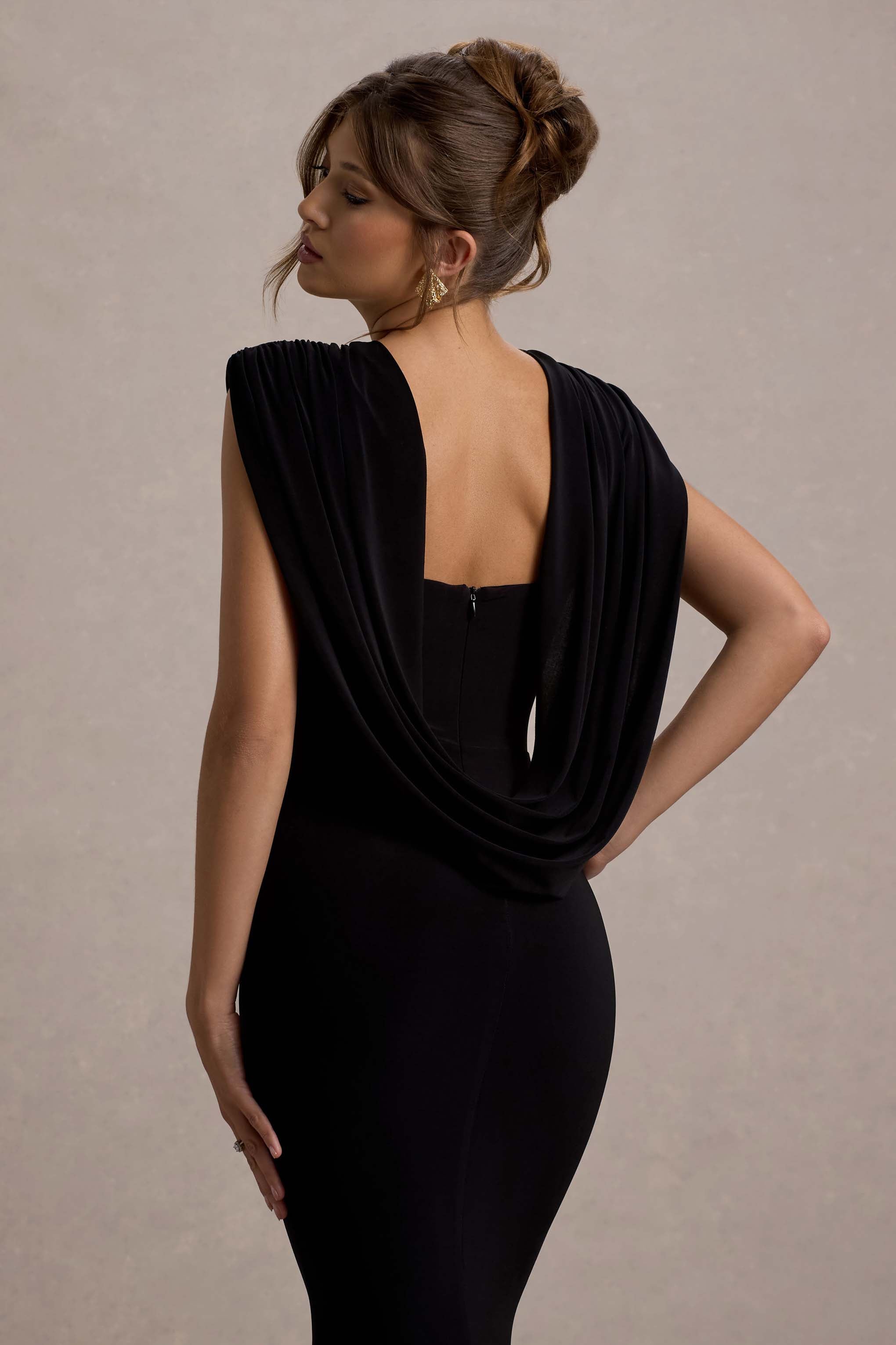 To The Moon | Black Cowl-Back Maxi Dress-Sowoom
