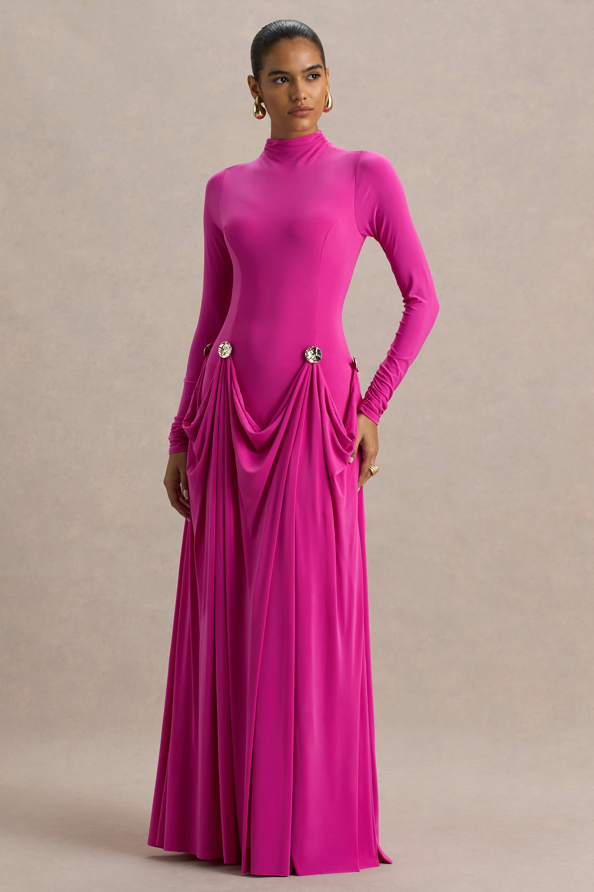 Caprice | Hot Pink High-Neck Maxi Dress With Embellished Details-Sowoom