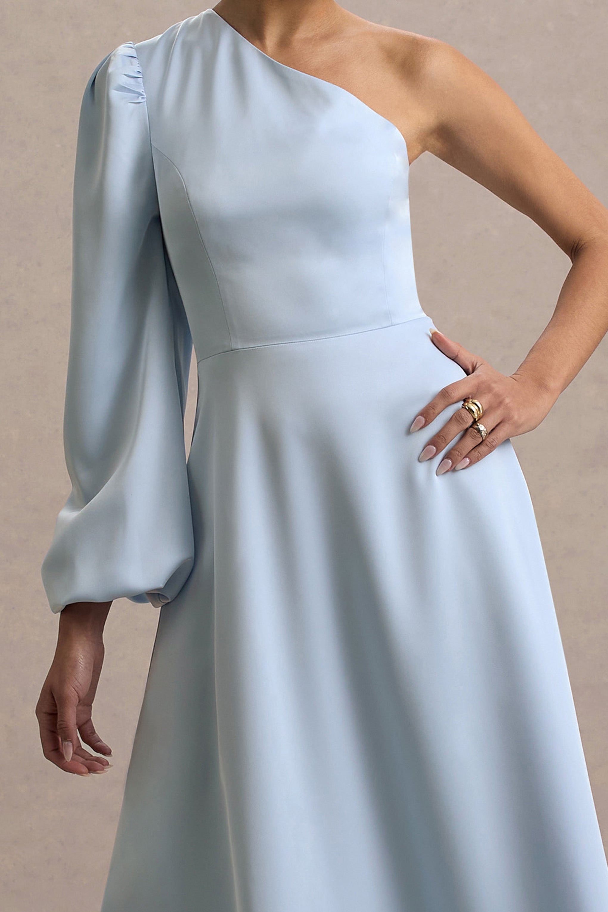 Haila | Powder Blue Satin One-Shoulder Midi Dress-Sowoom