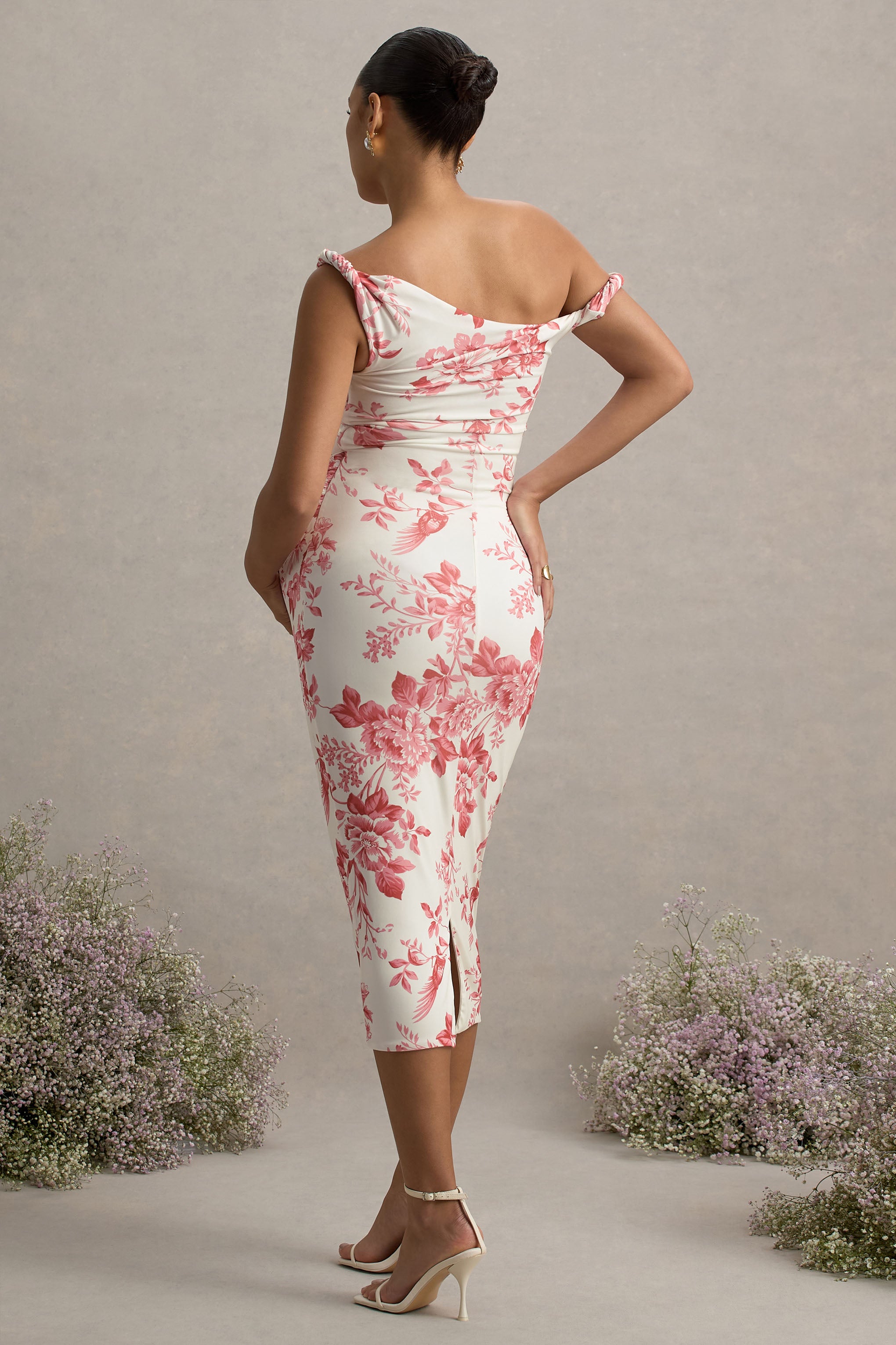 Salome | Pink Floral Print Twisted Asymmetric Maternity Midi Dress-Sowoom