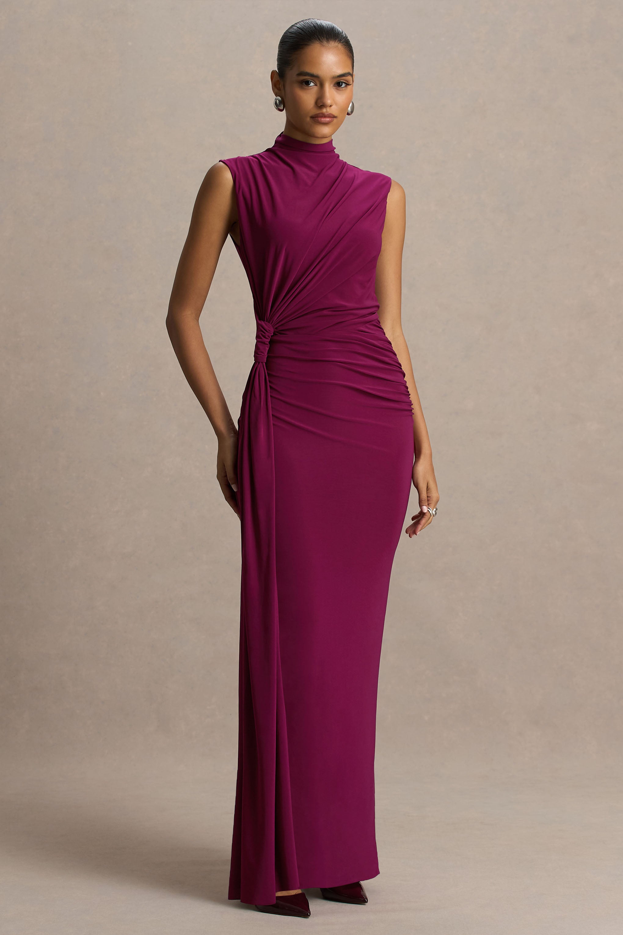 Solene | Burgundy High-Neck Maxi Dress With Wrap And Drape Detail-Sowoom