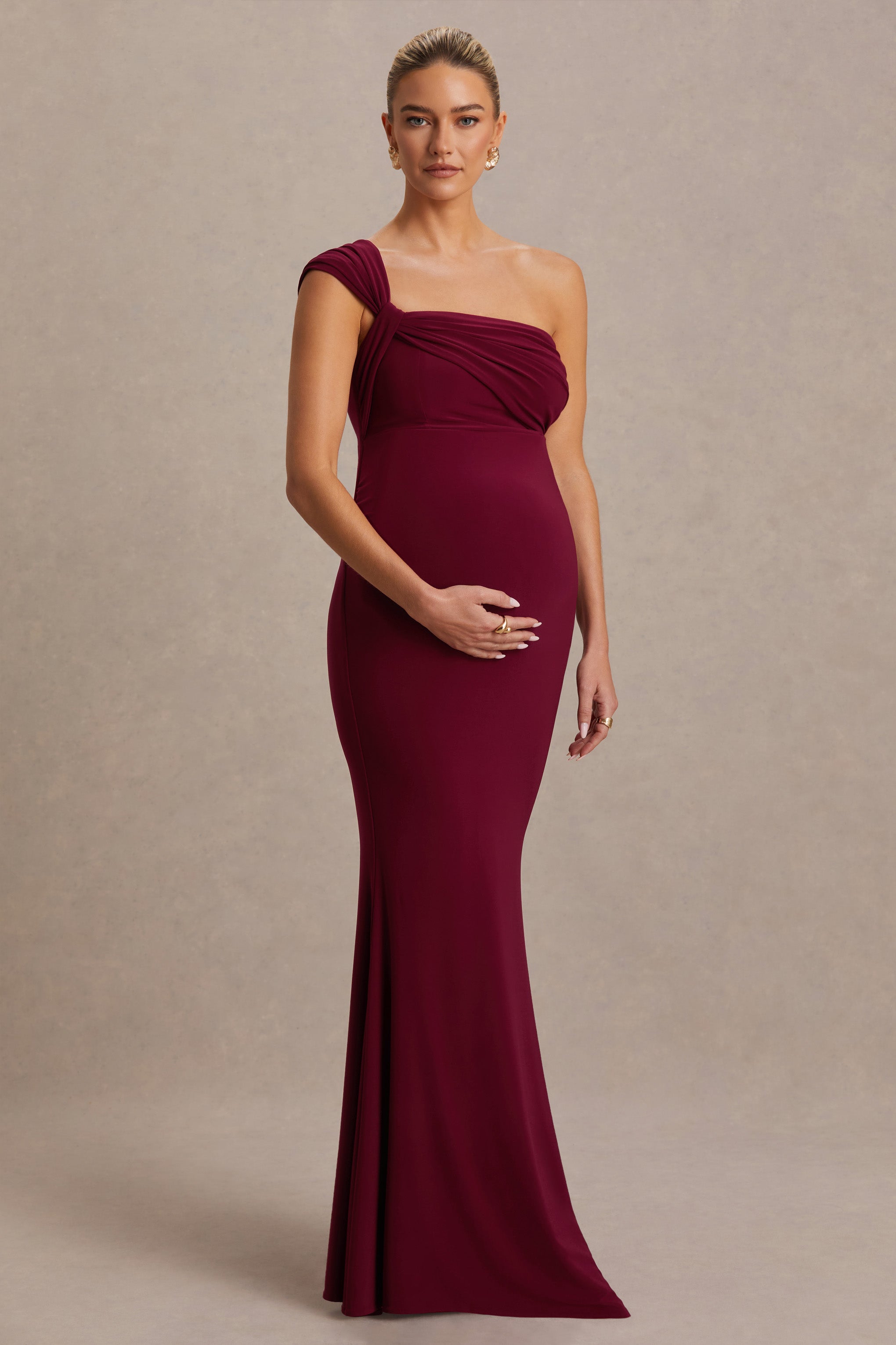 Mila | Burgundy Asymmetric-Neck Maternity Maxi Dress-Sowoom