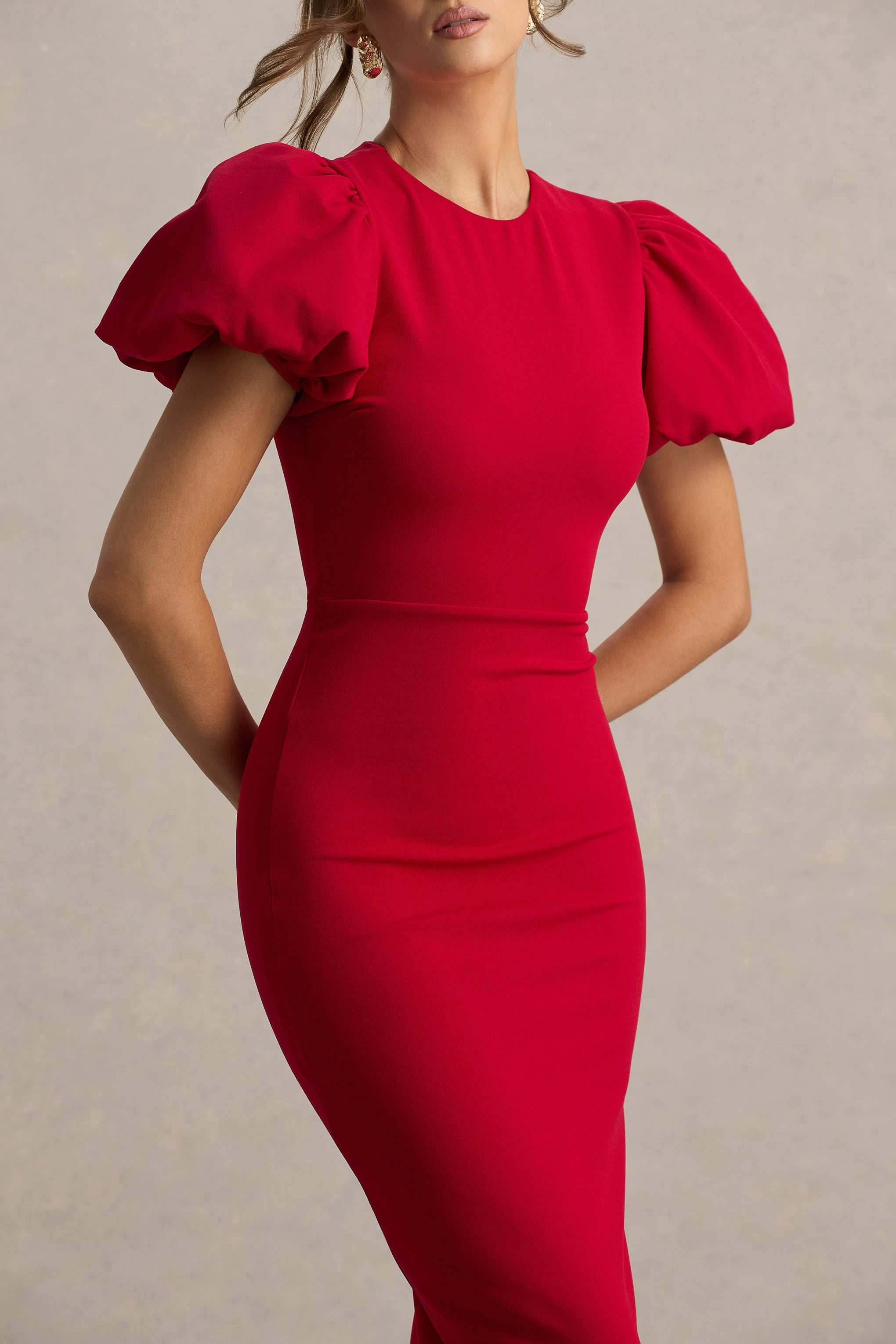 Dakota | Red Puff-Sleeve Midi Dress-Sowoom
