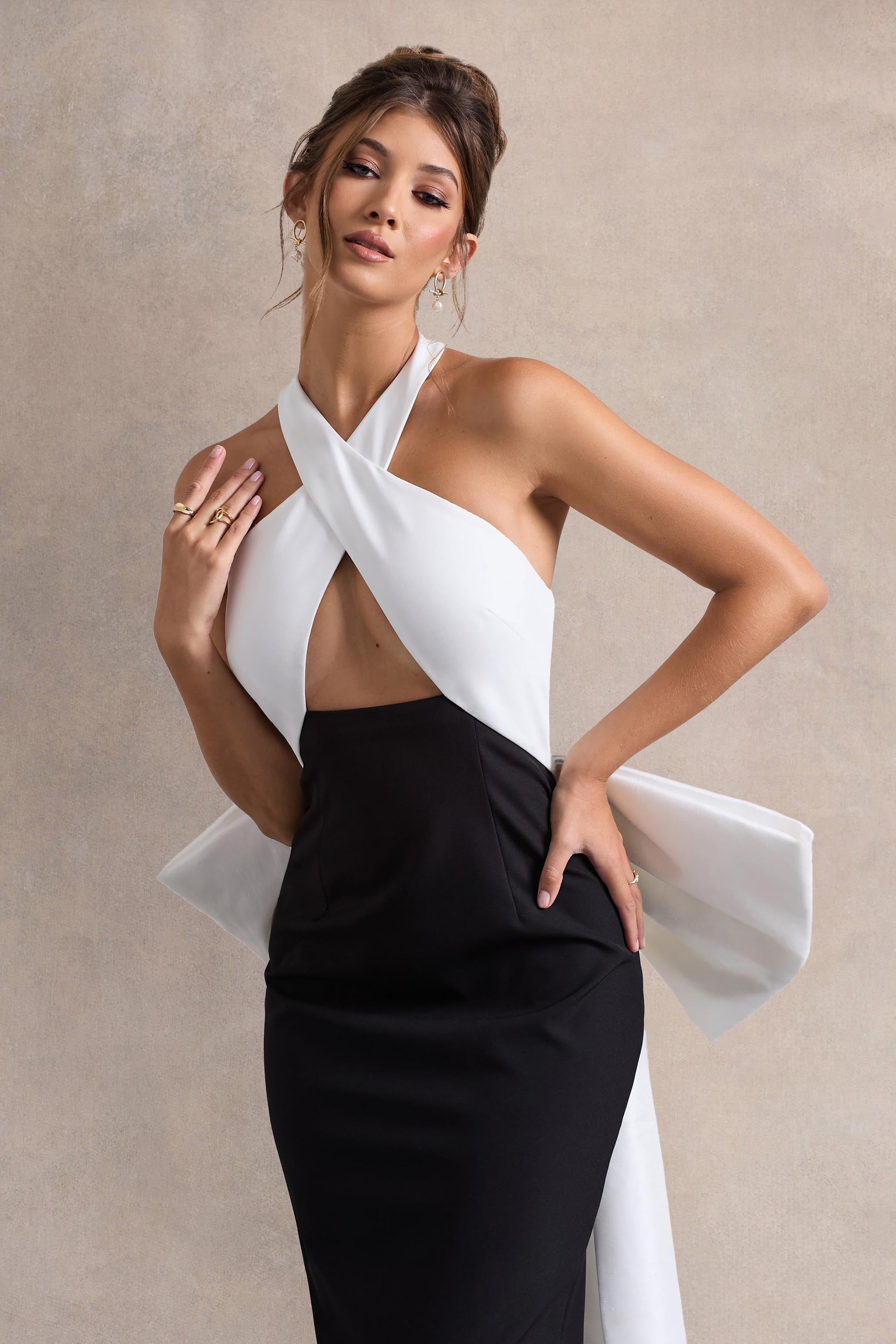 Blanca | Black & White Halter-Neck Cut-Out Midi Dress With Oversized Bow-Sowoom