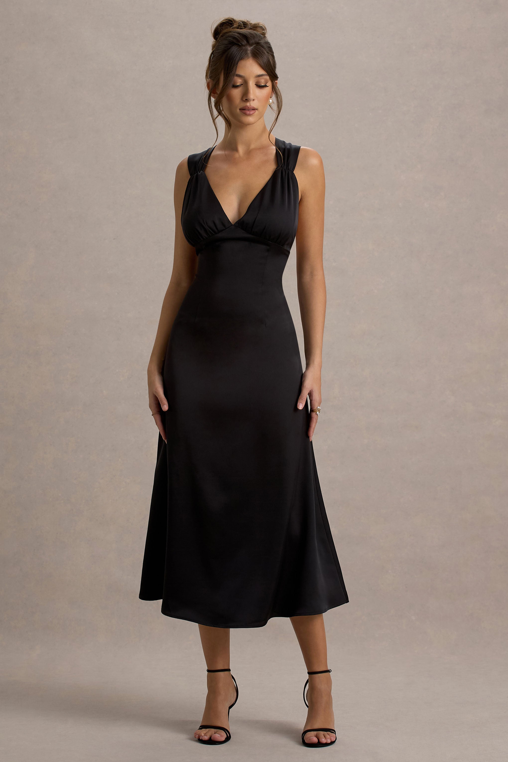 Beck | Black Satin Plunge-Neck Cross-Back Midi Dress-Sowoom