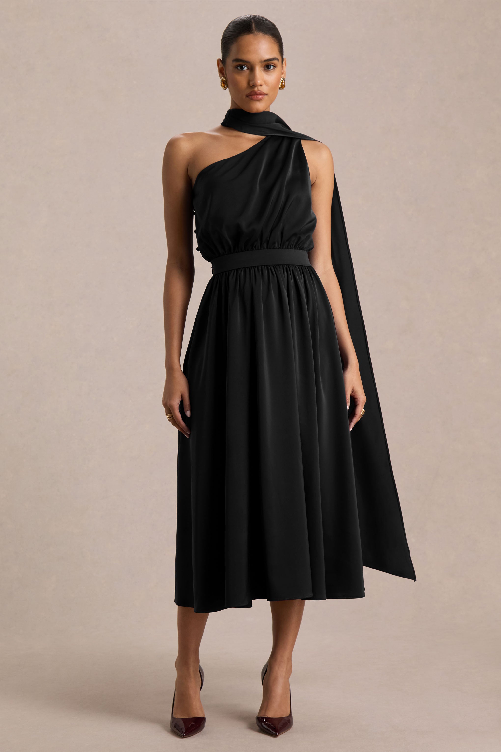 Caluna | Black Satin Asymmetric-Neck Midi Dress With Scarf-Detail-Sowoom
