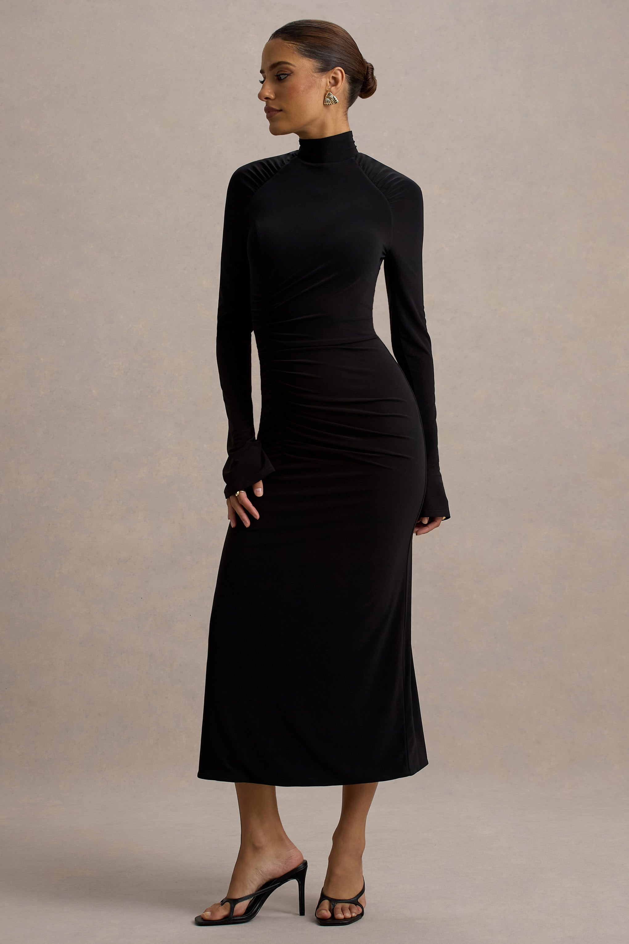 Cassandra | Black High-Neck Long-Sleeve Midi Dress-Sowoom