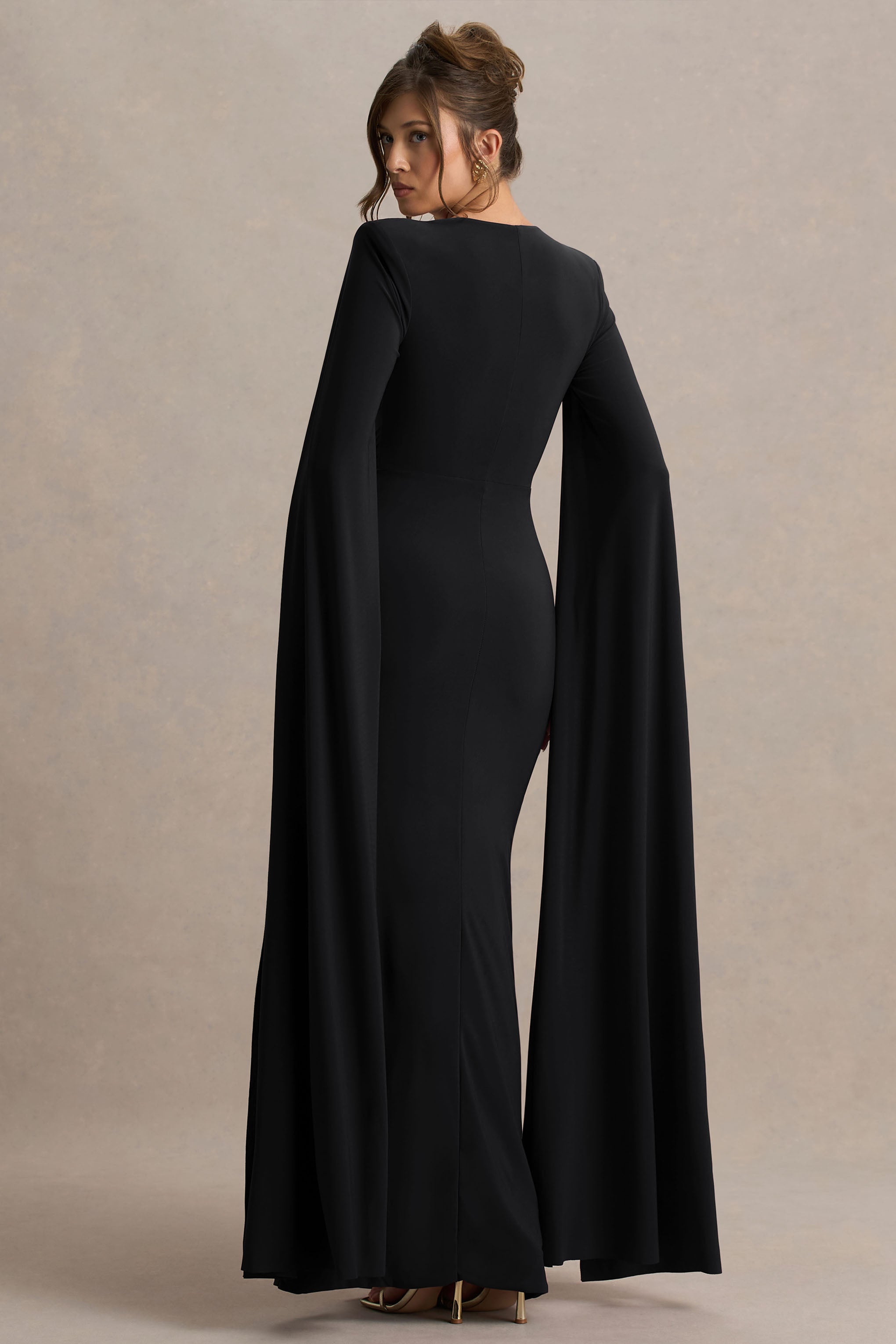 Claretta | Black Square Neck Twisted Maxi Dress With Cape Sleeves-Sowoom