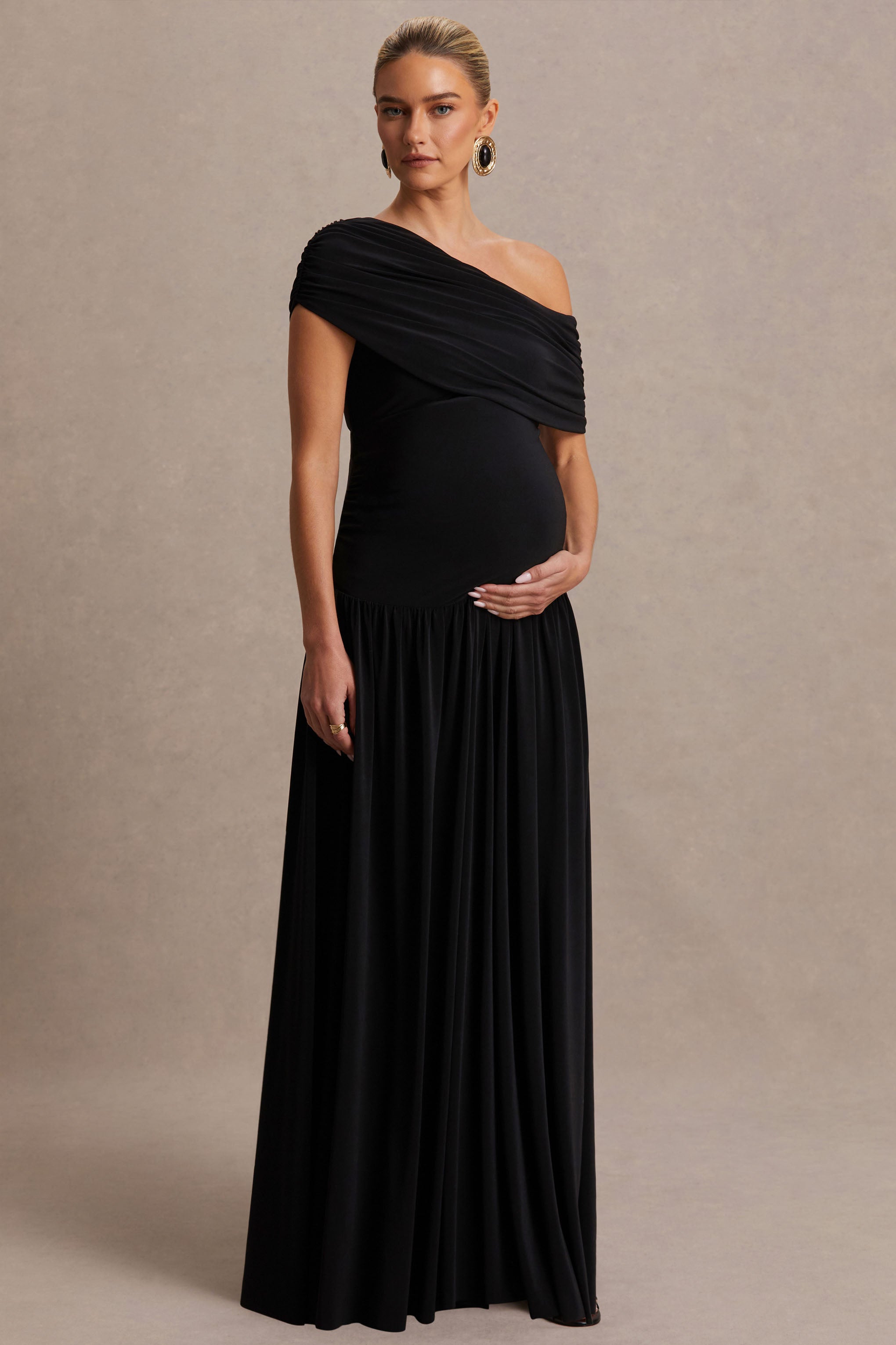Noah | Black Asymmetric-Neck Maternity Maxi Dress With Drop-Waist-Sowoom