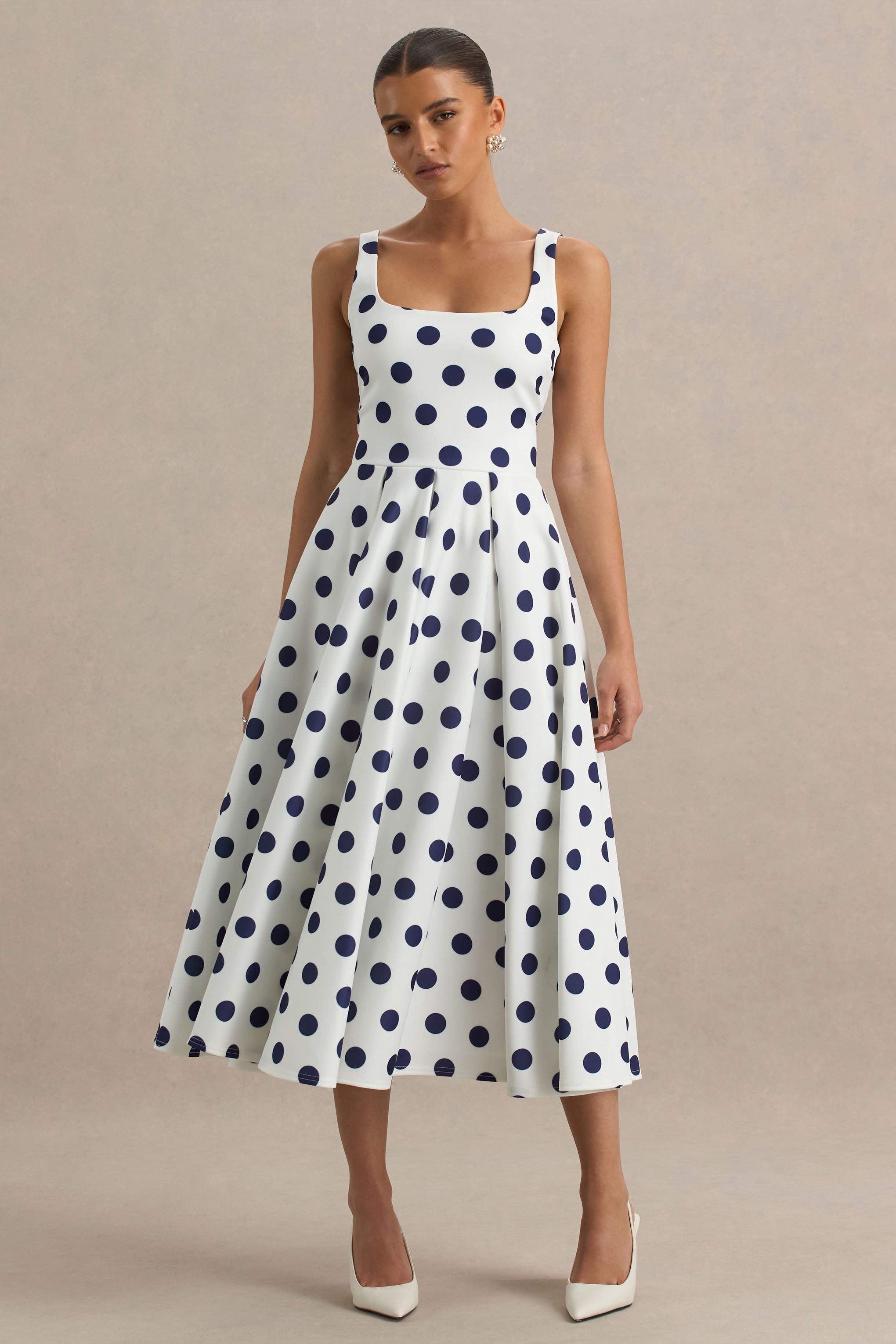 Berta | White And Navy Polka-Dot Square-Neck Midi Dress-Sowoom