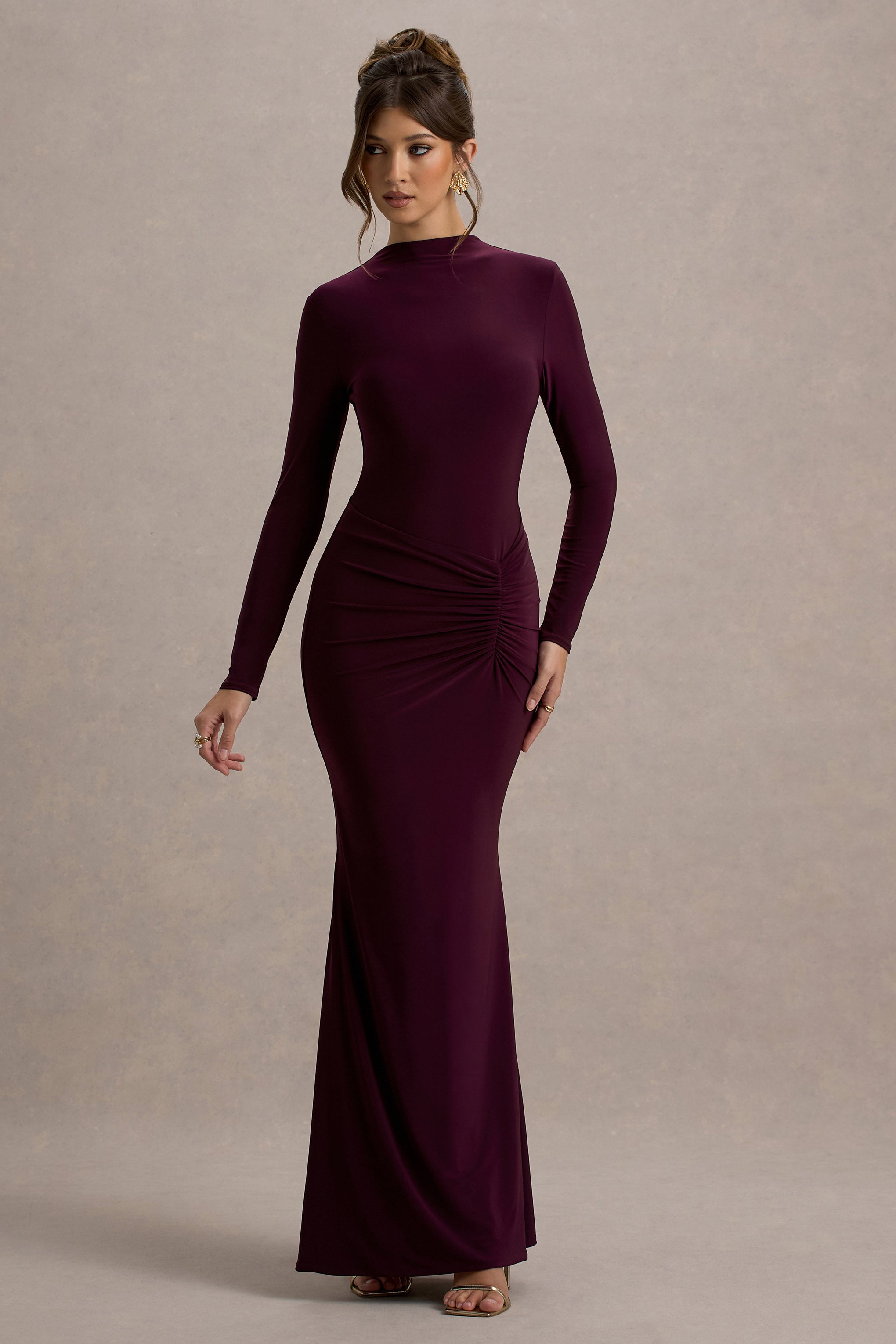 Reid | Plum Long-Sleeve Gathered Maxi Dress-Sowoom