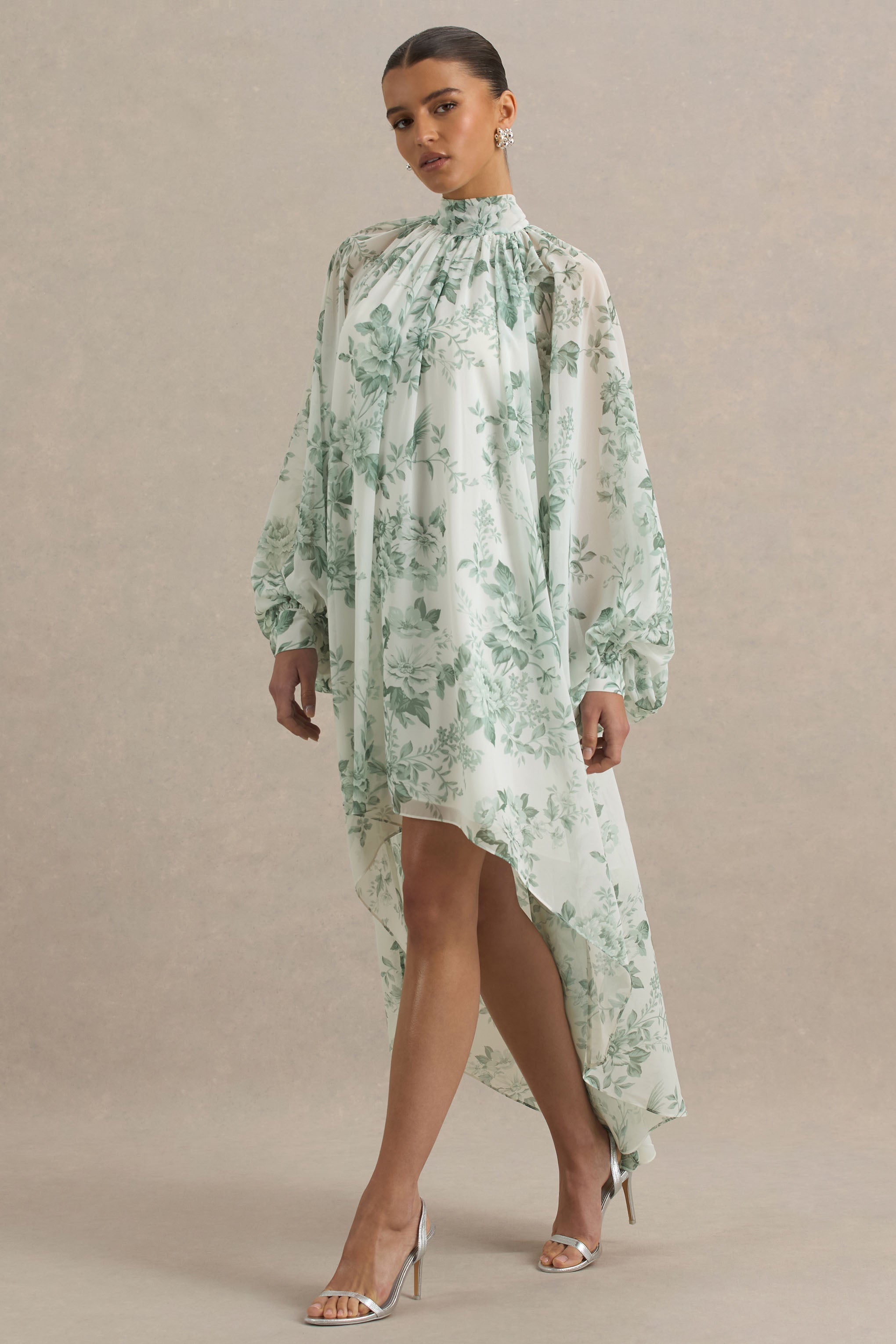 Delphia | Green Floral Print High-Neck Maxi Dress-Sowoom