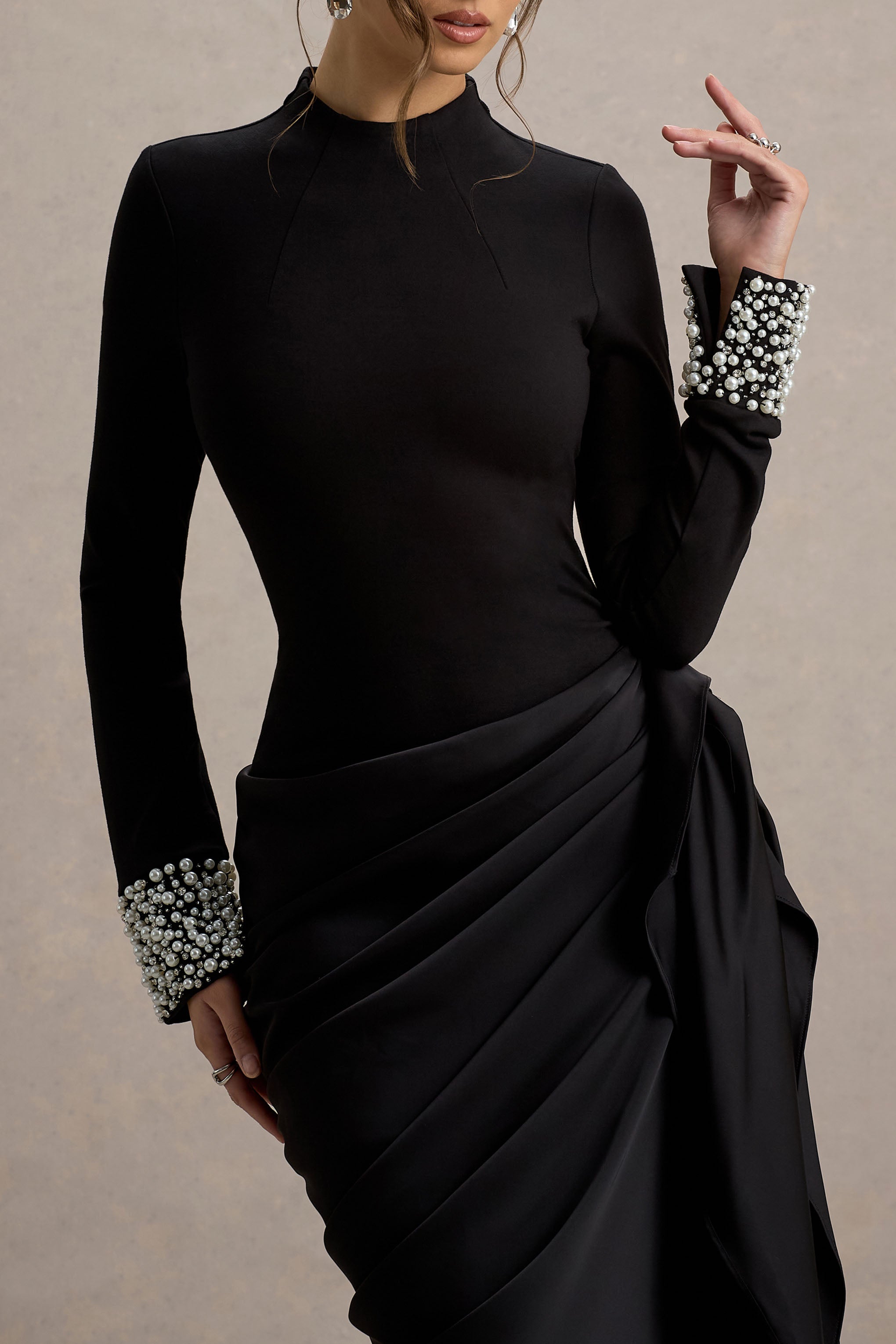 Luanna | Black Satin Long-Sleeve Midi Dress With Draped Skirt And Embellised Cuffs-Sowoom