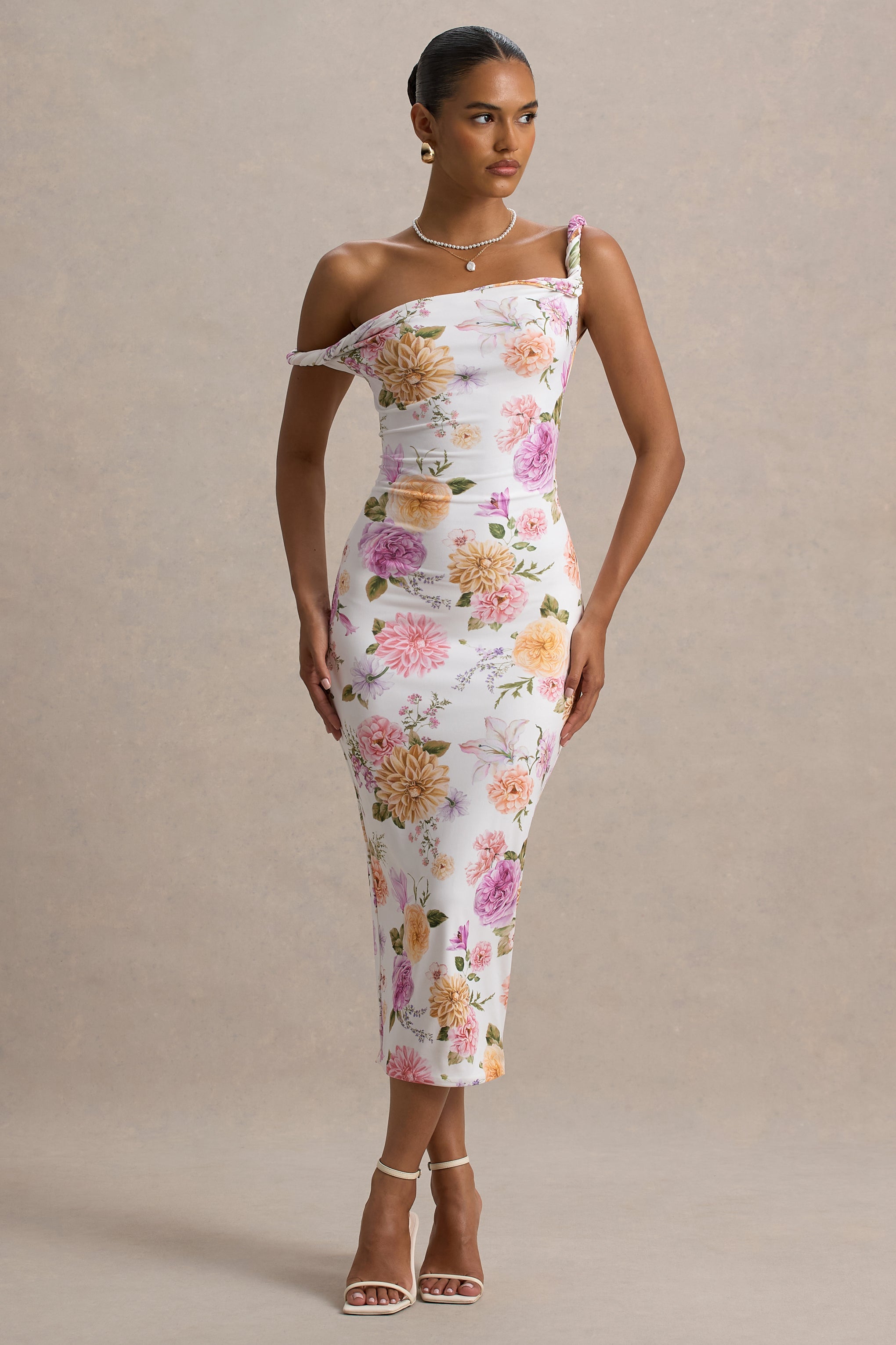 Nora | Peach And Lilac Floral Twisted Asymmetric Midi Dress-Sowoom