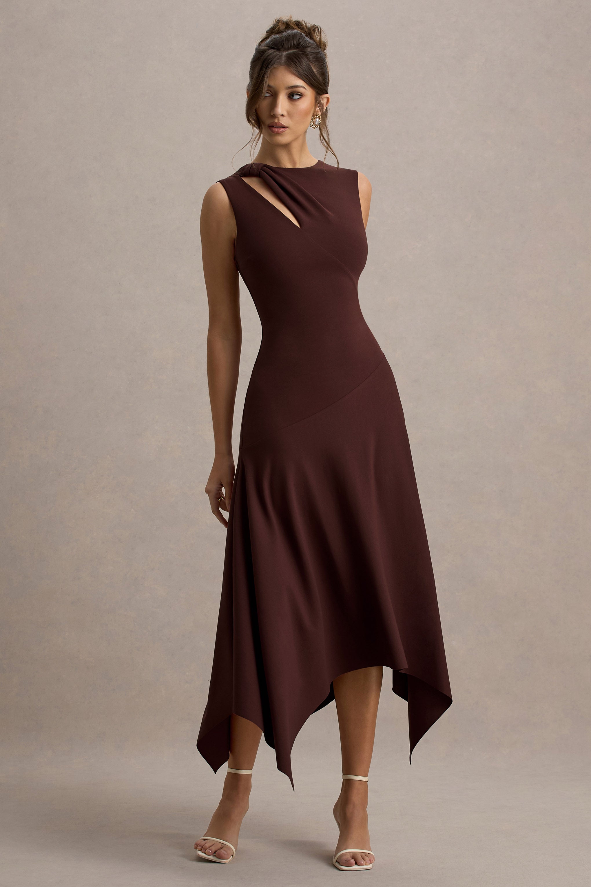 Francesca | Brown Knotted Midi Dress With Handkerchief Hem-Sowoom