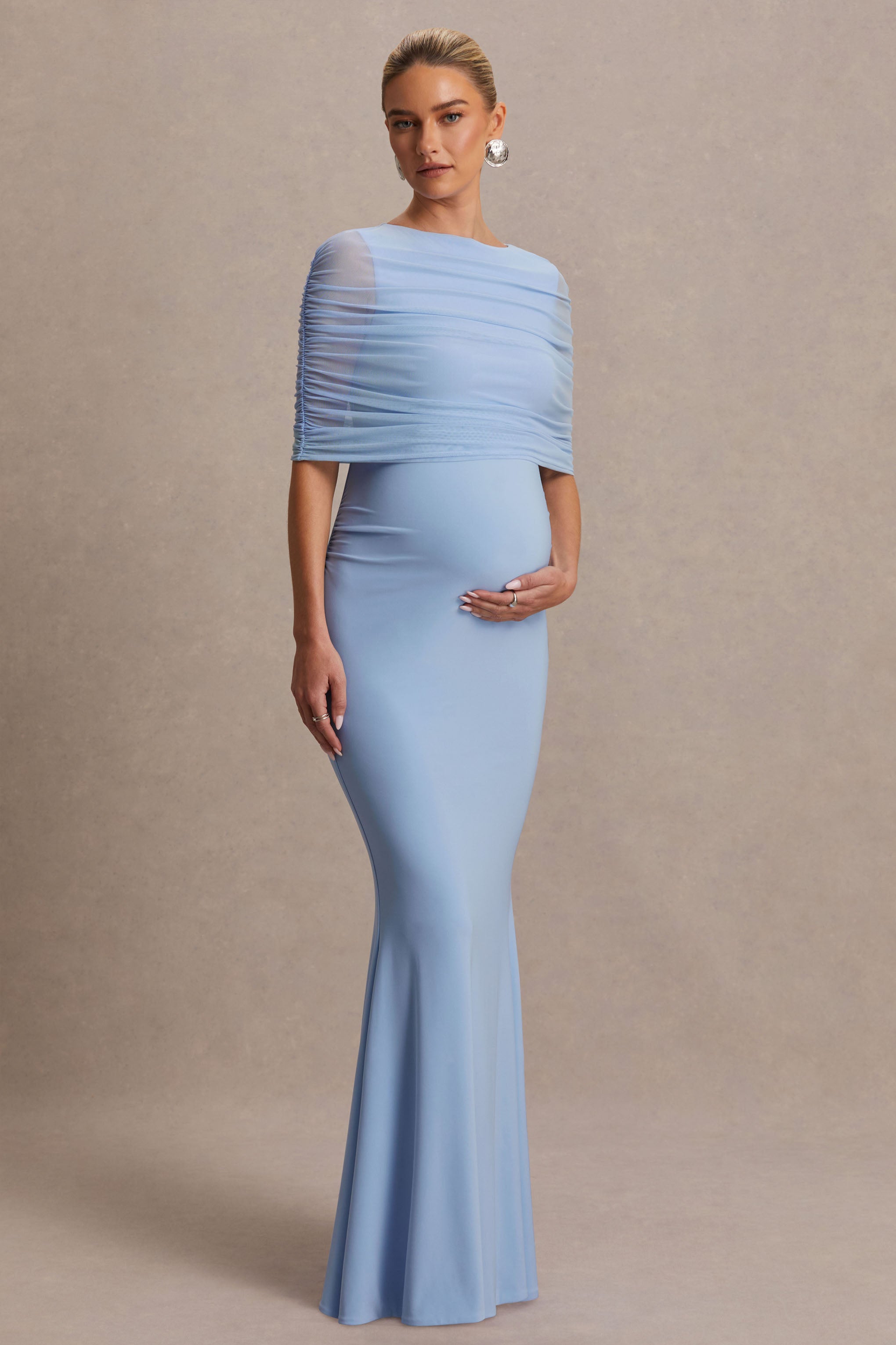 Zaria | Powder Blue Crew-Neck Maternity Maxi Dress With Cape-Overlay-Sowoom