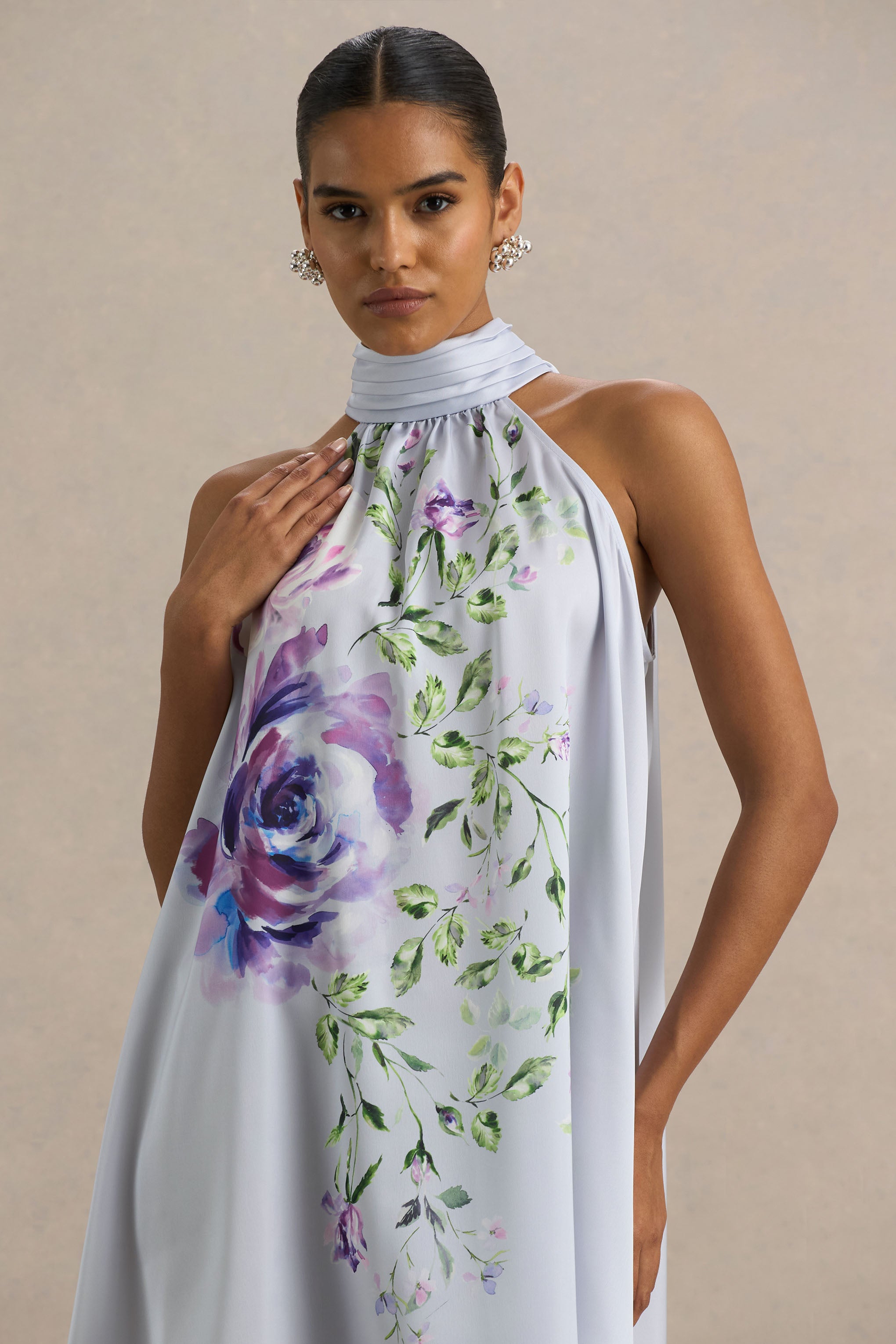 Evita | Powder Blue Rose Print High-Neck A-Line Mini Dress With Bow-Sowoom