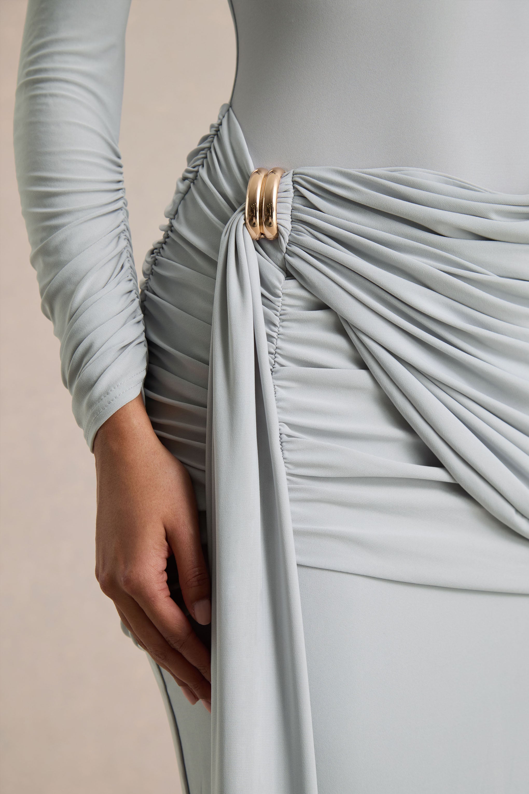 Melissa | Blue Long-Sleeve Wrap Maxi Dress With Draped Detailing-Sowoom