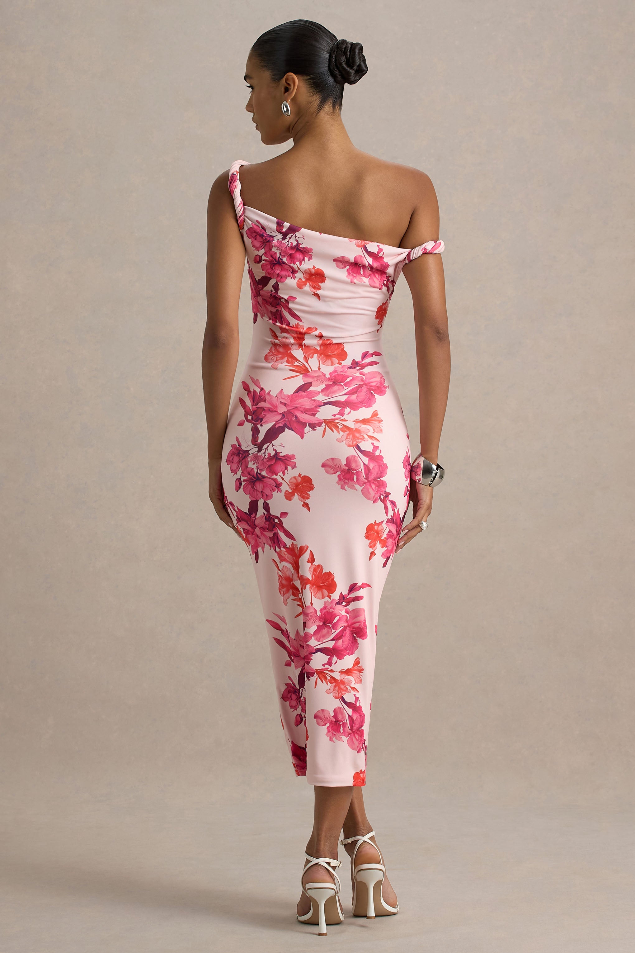 Tatian | Pink and Orange Floral Print Twisted Asymmetric Midi Dress-Sowoom