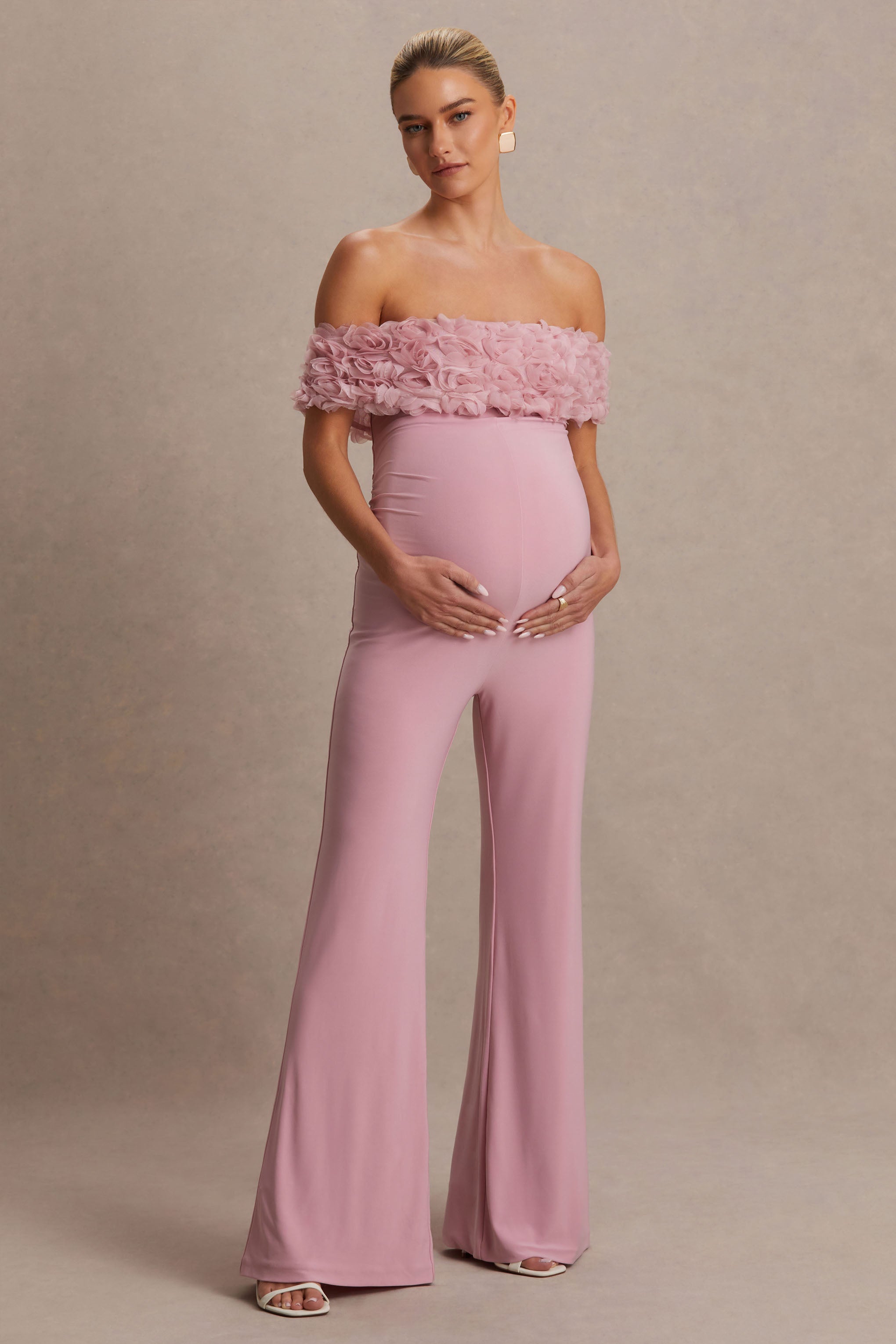 Sallow | Pink Floral Bardot Maternity Jumpsuit-Sowoom