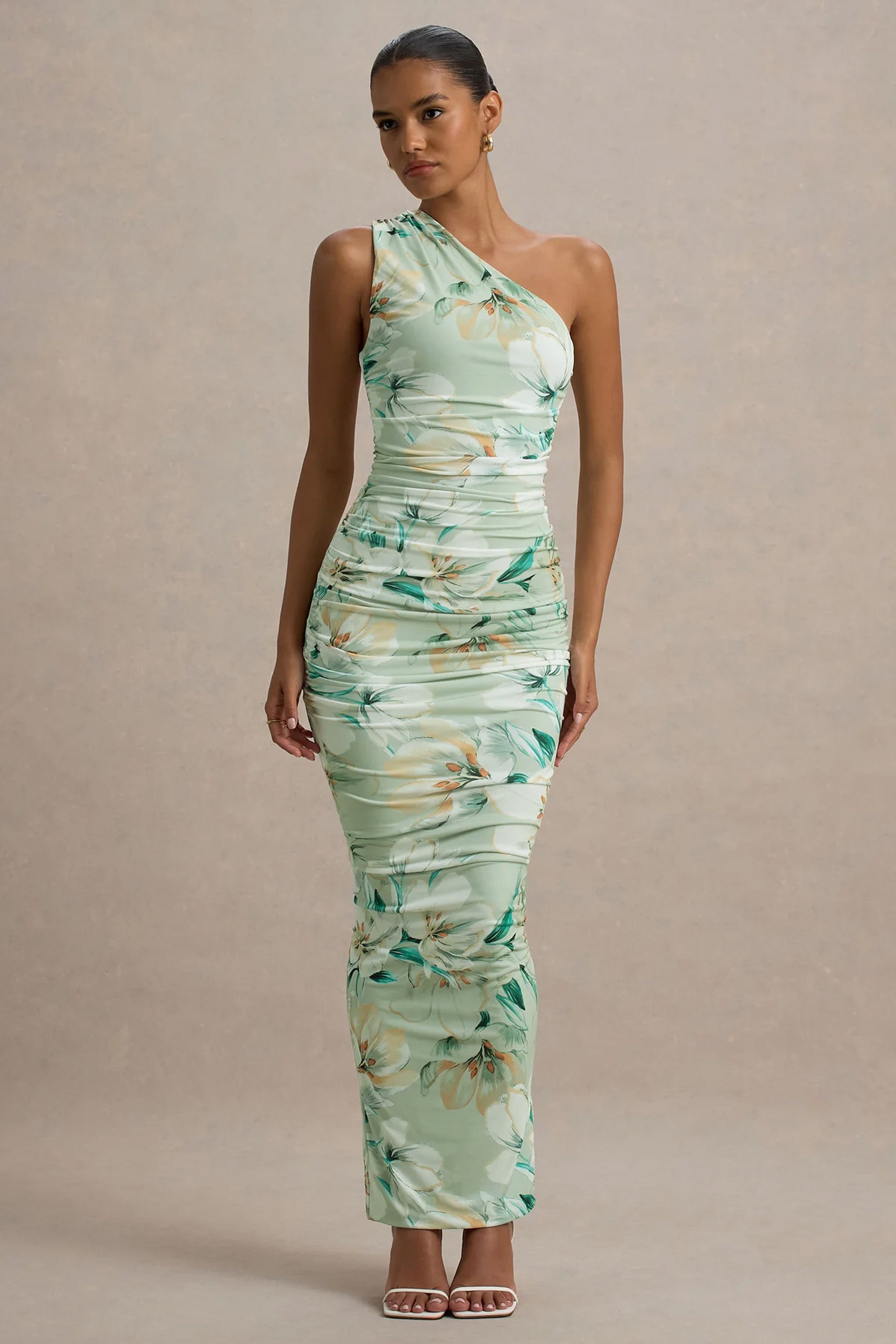 Dalarie | Green Floral Print One-Shoulder Gathered Maxi Dress-Sowoom