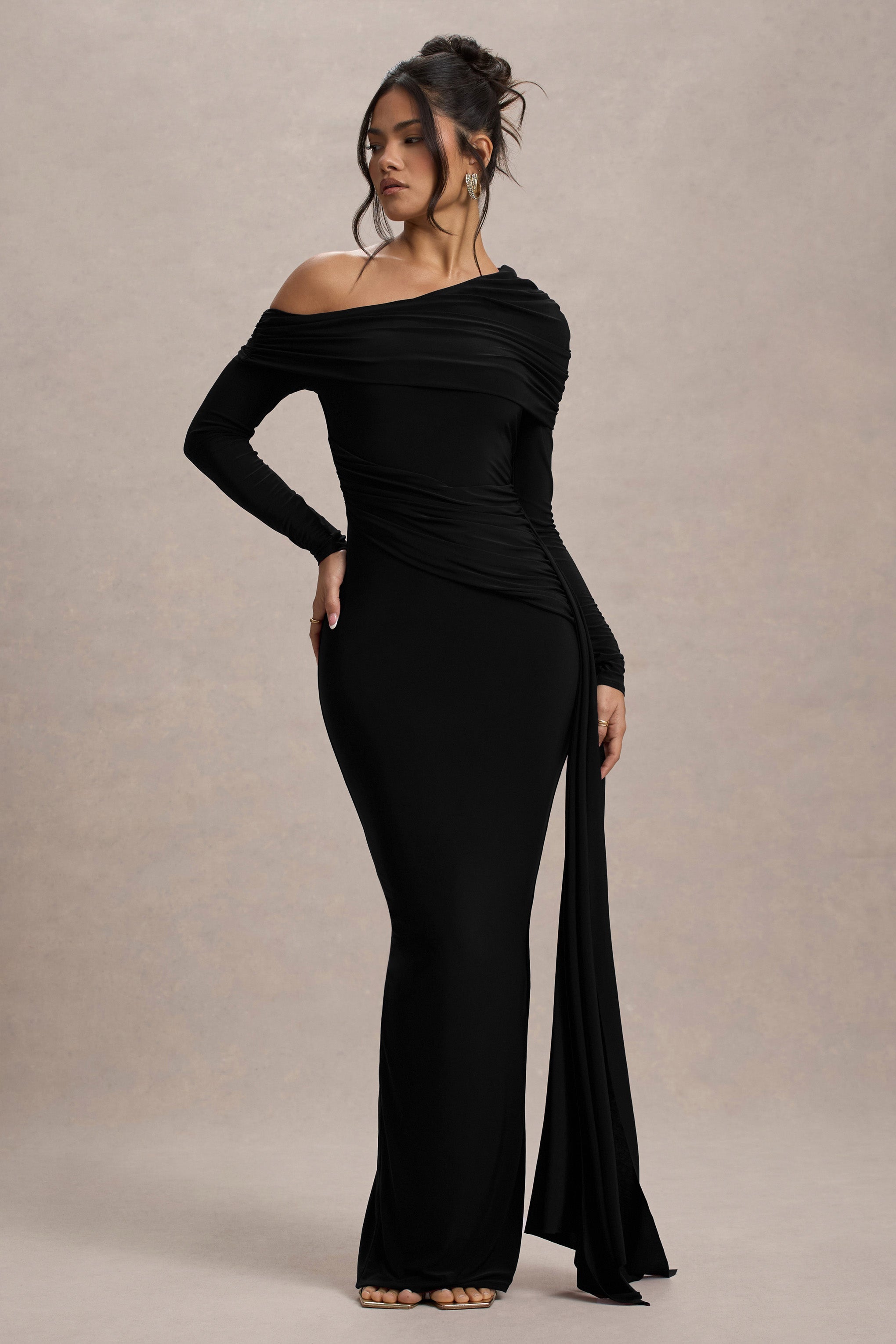 Valina | Black Ruched Asymmetric Maxi Dress With Drape-Sowoom